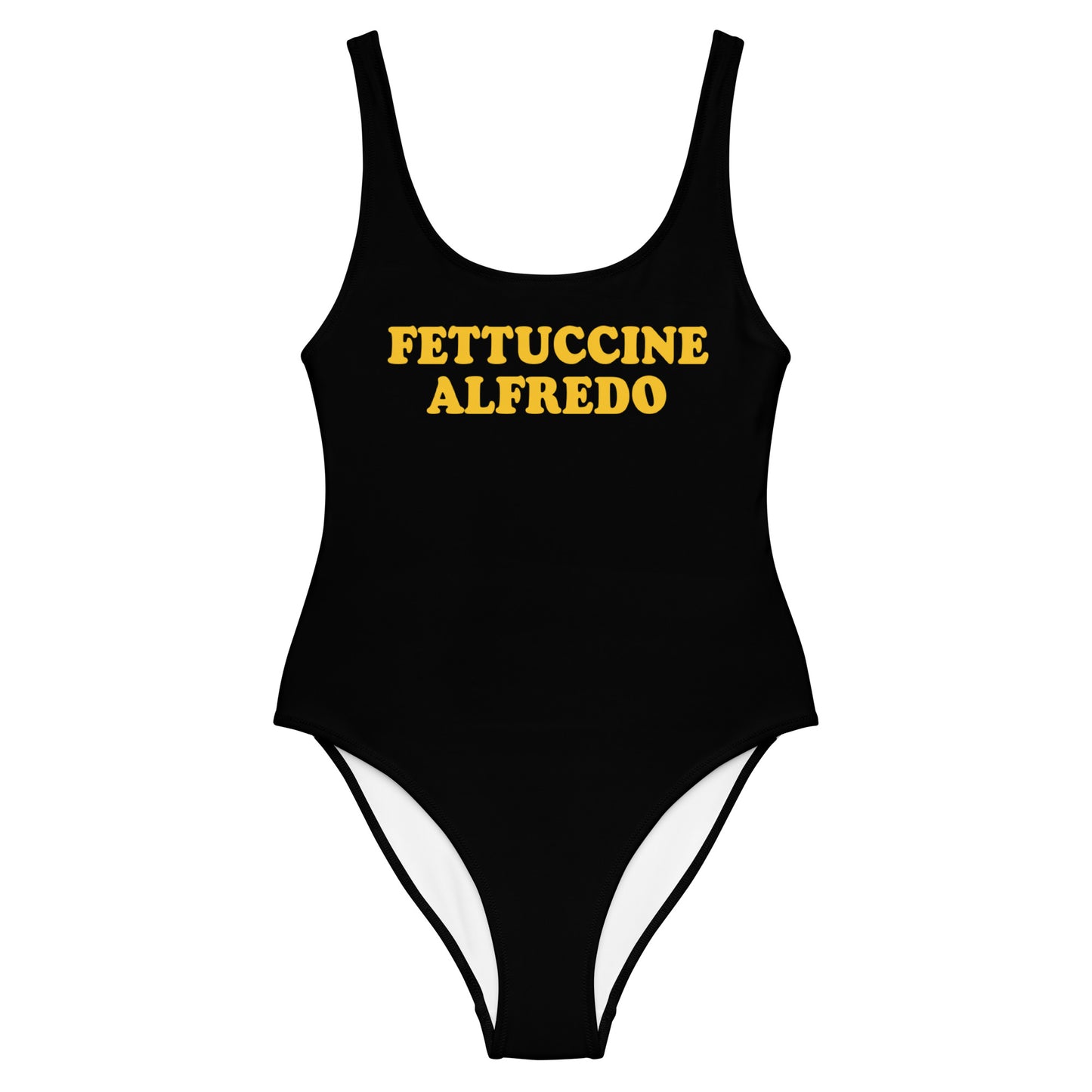 Black Fettuccine Alfredo Bathing suit - Love Fettuccine Alfredo? Looking for a classic one-piece bathing suit with a funny design for foodies? Our Fettuccine Alfredo bathing suit might be just for you! It has a flattering fit that's perfect for the pool, beach or boat this season or give it as a gift for a fettuccine enthusiast!