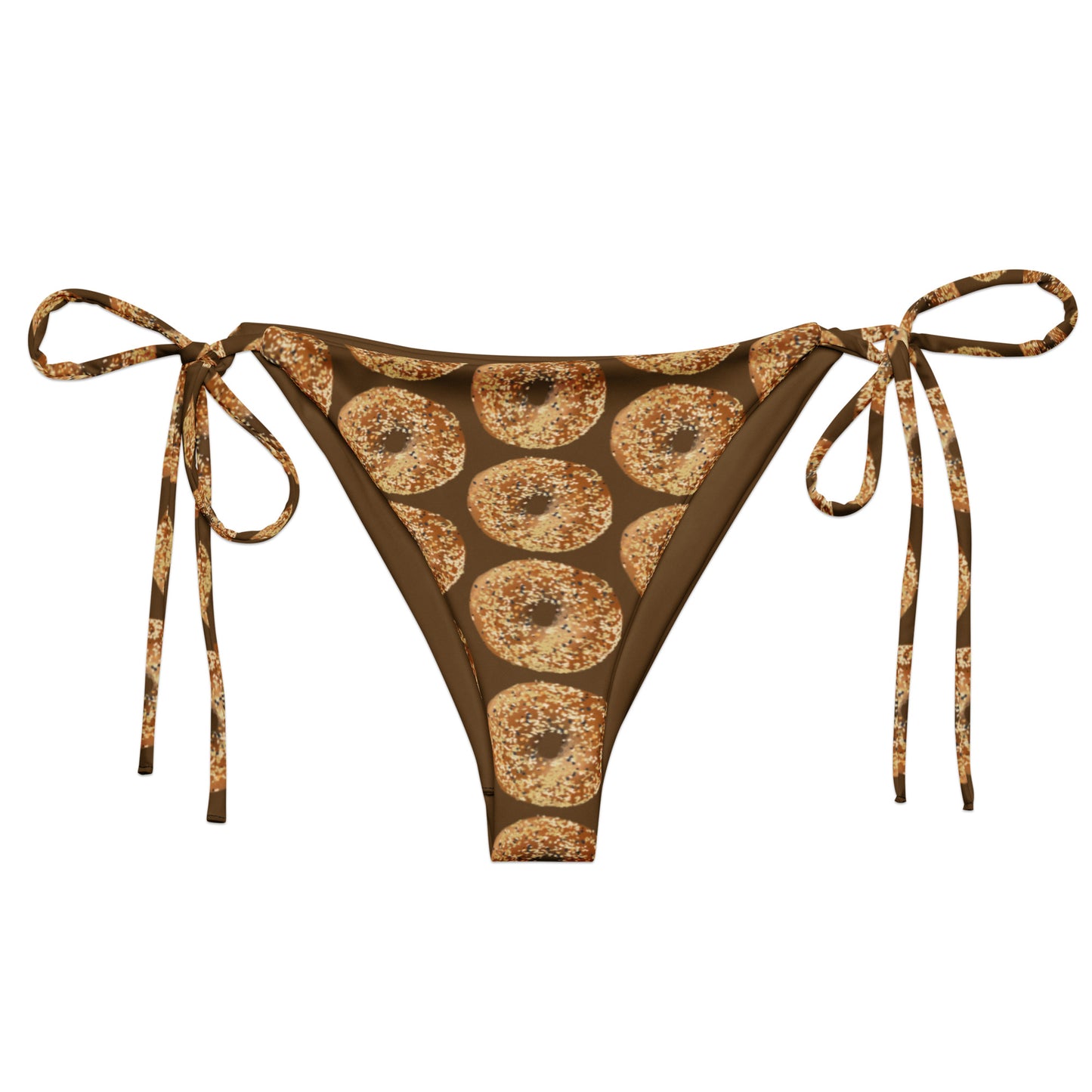 Brown Bikini Botton with Bagels Design - Love bagels? Looking for your new favorite bikini? This summer, sit back and relax by the poolside wearing this unique and funny string bikini with a bagel design. It's made of soft and stretchy recycled polyester piece with UPF 50+. Perfect for the beach, the pool and everything in between, or a gift for a bagel enthusiast.