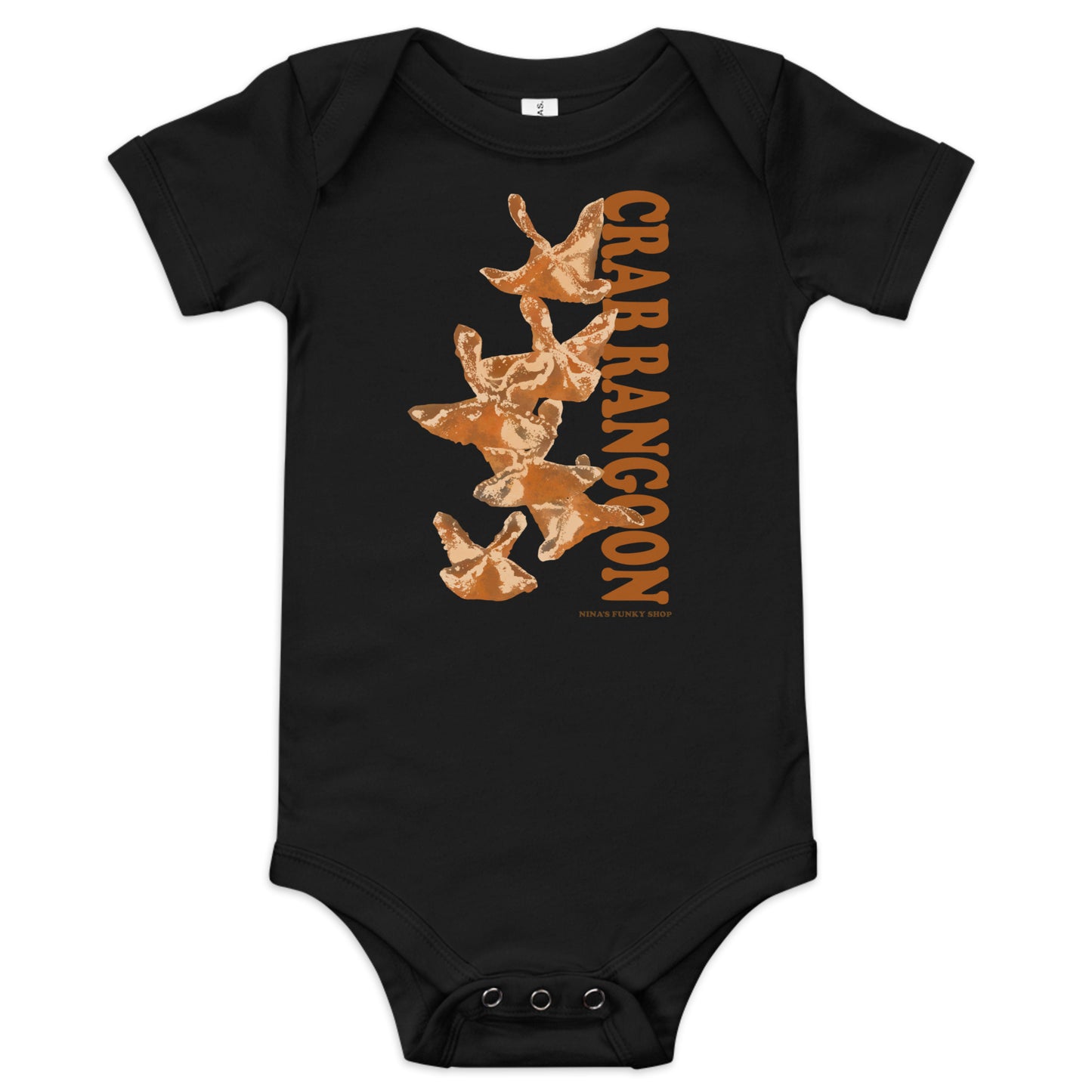 Black Crab Rangoon Funny Baby Onesie - Love Crab Rangoon? This cute Crab Rangoon onesie is just what you need. Dress your baby in our 100% cotton Crab Rangoon one piece. It has three snap leg closure for easy changing, a comfortable envelope neckline, and a unique Rangoon design, expertly printed on the front. Designed by Nina and made just for you!
