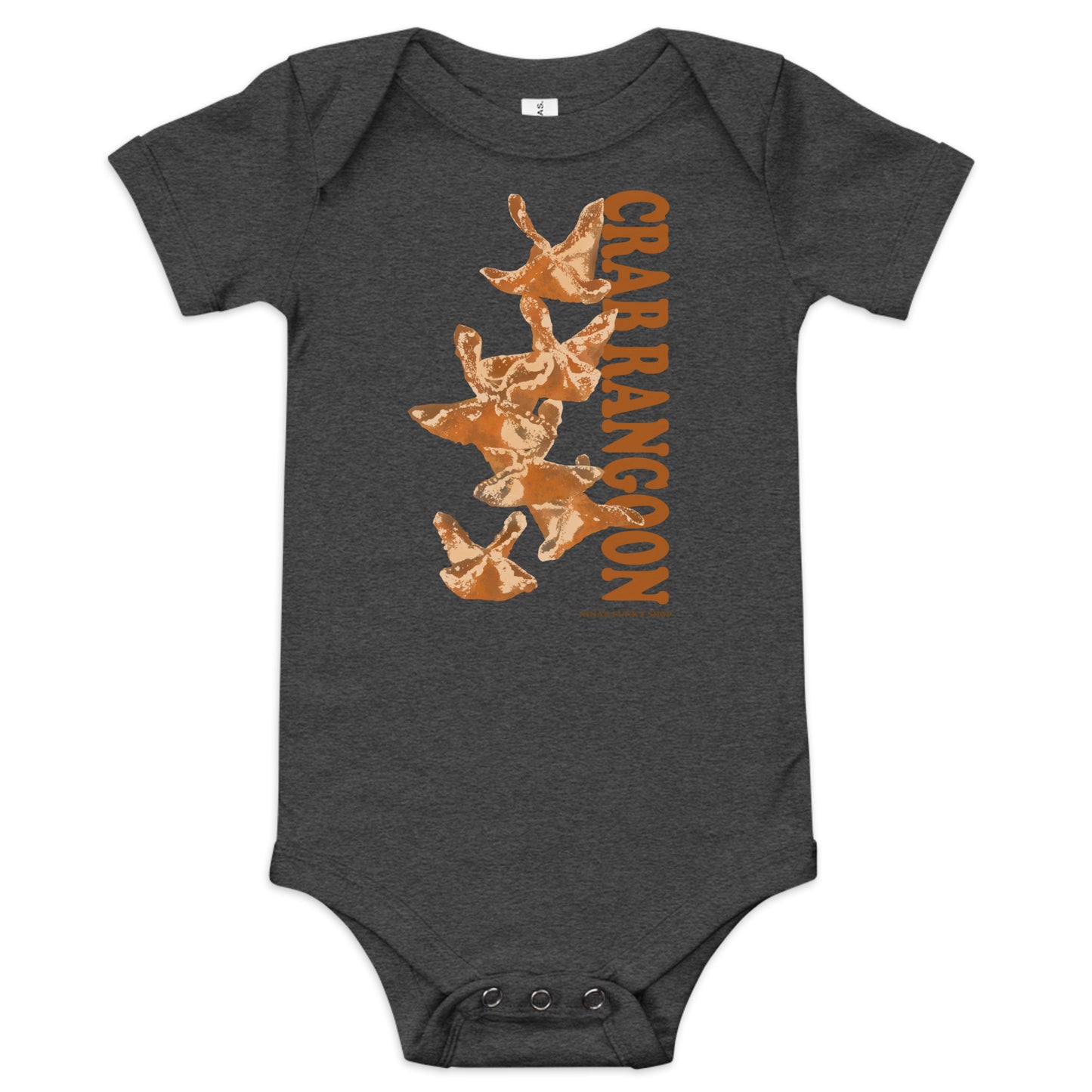 Dark Gray Crab Rangoon Funny Baby Onesie - Love Crab Rangoon? This cute Crab Rangoon onesie is just what you need. Dress your baby in our 100% cotton Crab Rangoon one piece. It has three snap leg closure for easy changing, a comfortable envelope neckline, and a unique Rangoon design, expertly printed on the front. Designed by Nina and made just for you!