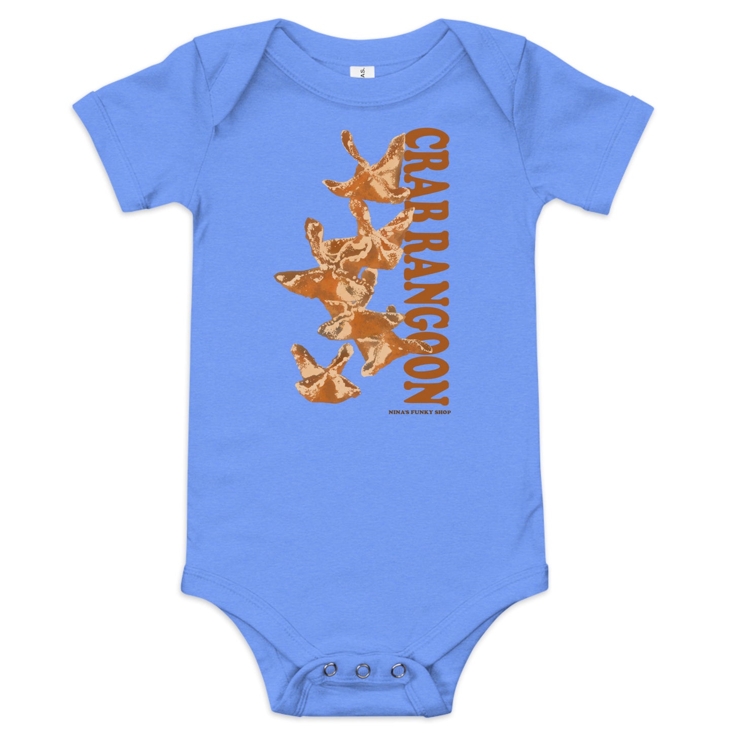 Blue Crab Rangoon Funny Baby Onesie - Love Crab Rangoon? This cute Crab Rangoon onesie is just what you need. Dress your baby in our 100% cotton Crab Rangoon one piece. It has three snap leg closure for easy changing, a comfortable envelope neckline, and a unique Rangoon design, expertly printed on the front. Designed by Nina and made just for you!