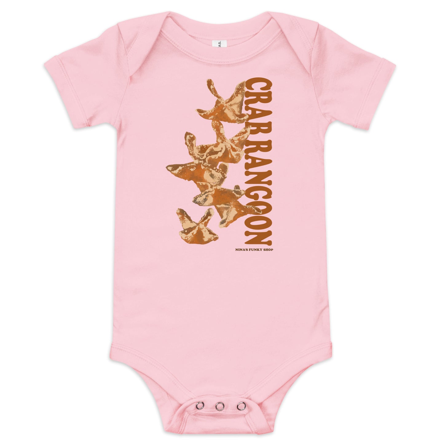 Pink Crab Rangoon Funny Baby Onesie - Love Crab Rangoon? This cute Crab Rangoon onesie is just what you need. Dress your baby in our 100% cotton Crab Rangoon one piece. It has three snap leg closure for easy changing, a comfortable envelope neckline, and a unique Rangoon design, expertly printed on the front. Designed by Nina and made just for you!