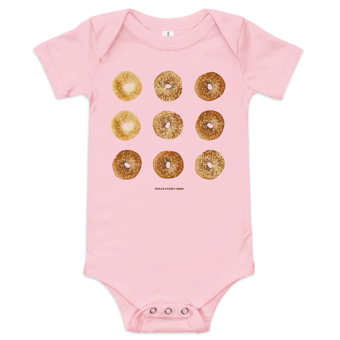 Pink Bagel Onesie for Babies with funny design - Love bagels? Dress your baby in our 100% cotton bagel baby onesie. It has three snap leg closure for easy changing, a comfortable envelope neckline, and a unique bagel design, expertly printed on the front. Designed by Nina and made just for you!