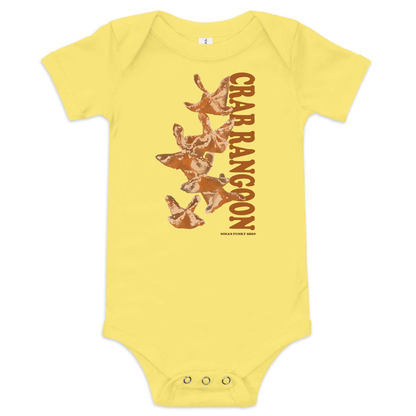 Yellow Crab Rangoon Funny Baby Onesie - Love Crab Rangoon? This cute Crab Rangoon onesie is just what you need. Dress your baby in our 100% cotton Crab Rangoon one piece. It has three snap leg closure for easy changing, a comfortable envelope neckline, and a unique Rangoon design, expertly printed on the front. Designed by Nina and made just for you!