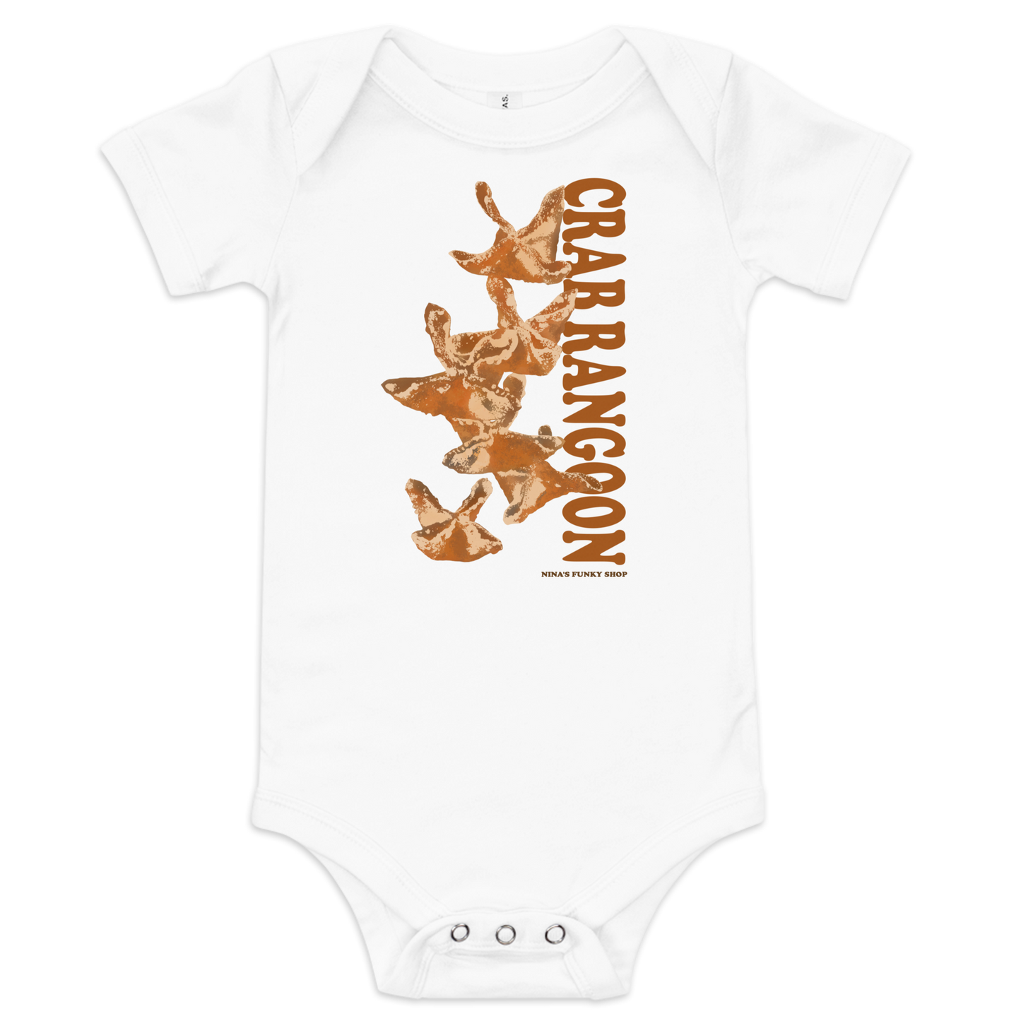 White Crab Rangoon Funny Baby Onesie - Love Crab Rangoon? This cute Crab Rangoon onesie is just what you need. Dress your baby in our 100% cotton Crab Rangoon one piece. It has three snap leg closure for easy changing, a comfortable envelope neckline, and a unique Rangoon design, expertly printed on the front. Designed by Nina and made just for you!