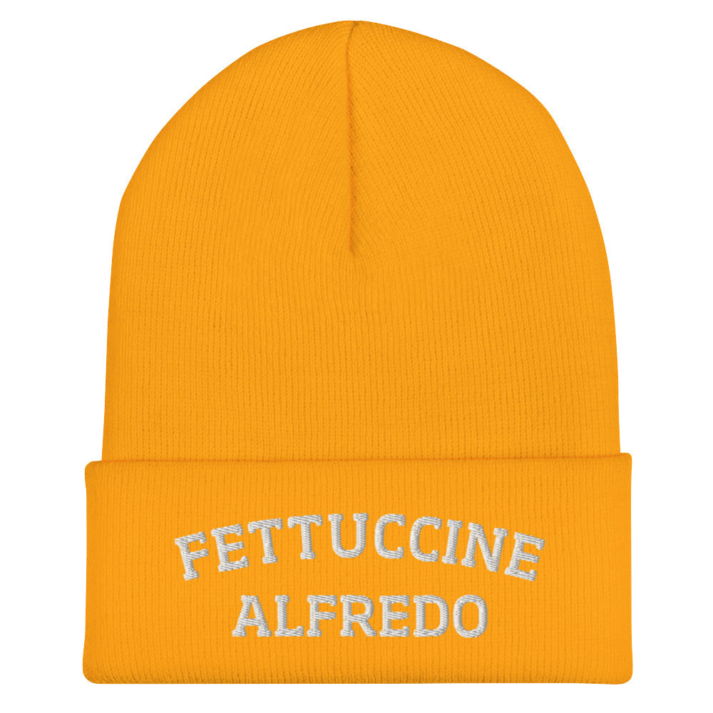 Yellow Fettuccine Alfredo Beanie from Nina's Funky Shop by ninanush - Do you love Fettuccine Alfredo? Are you looking for a funny gift for a foodie friend? Our Fettuccine Alfredo Beanie is warm, cozy and the perfect funky hat for pasta enthusiasts of all kinds. Show off in this funny foodie beanie. It comes in a variety of colors, each expertly embroidered with the words "Fettuccine Alfredo". A statement hat for fettuccine lovers, designed by Nina and made just for you!