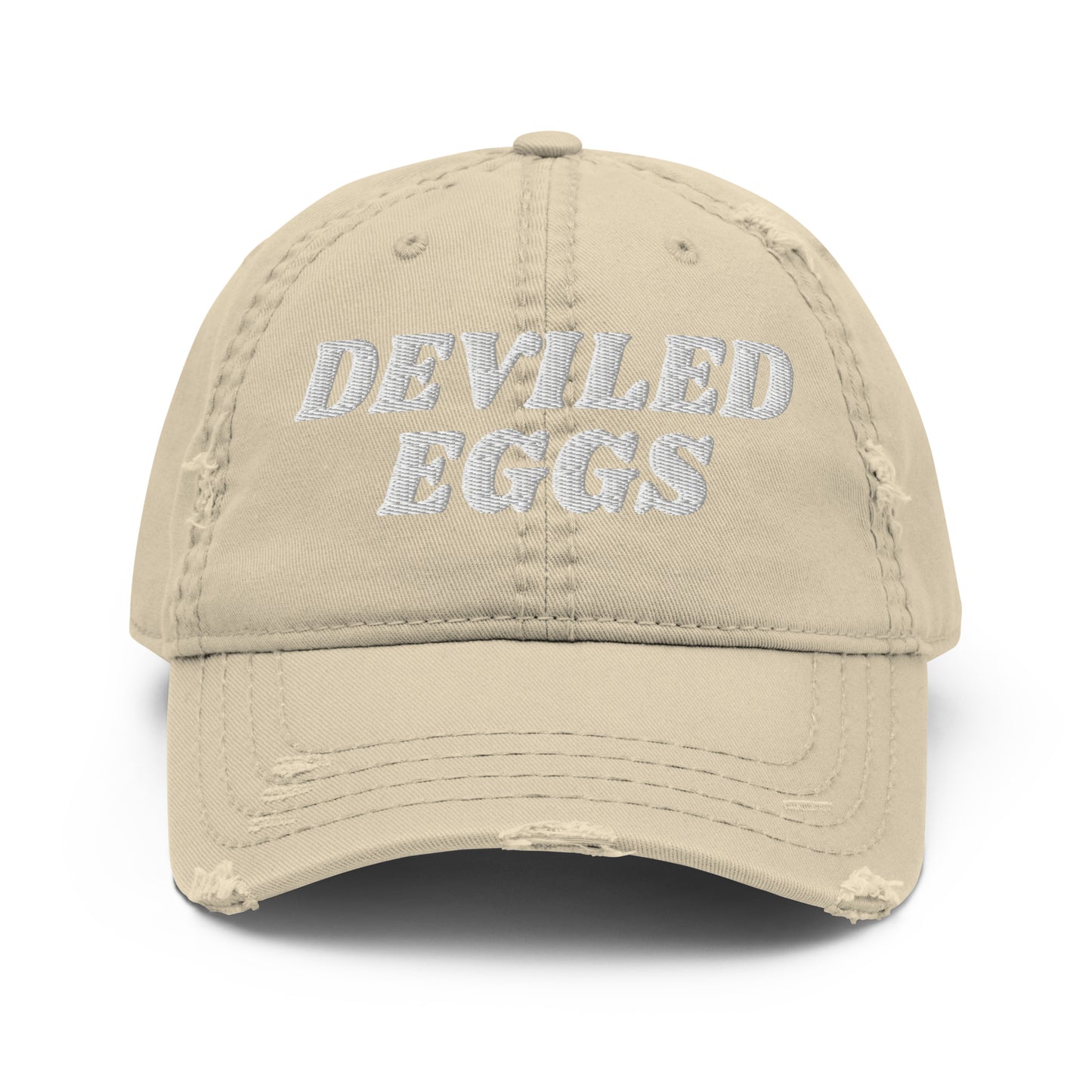Khaki Deviled Eggs Hat - Crazy about deviled eggs? Looking for a gift for a deviled egg enthusiast? Our Deviled Eggs Hat is comfortable, adjustable and made just for you. It's a funny dad hat, expertly embroidered and perfect for everyday streetwear.