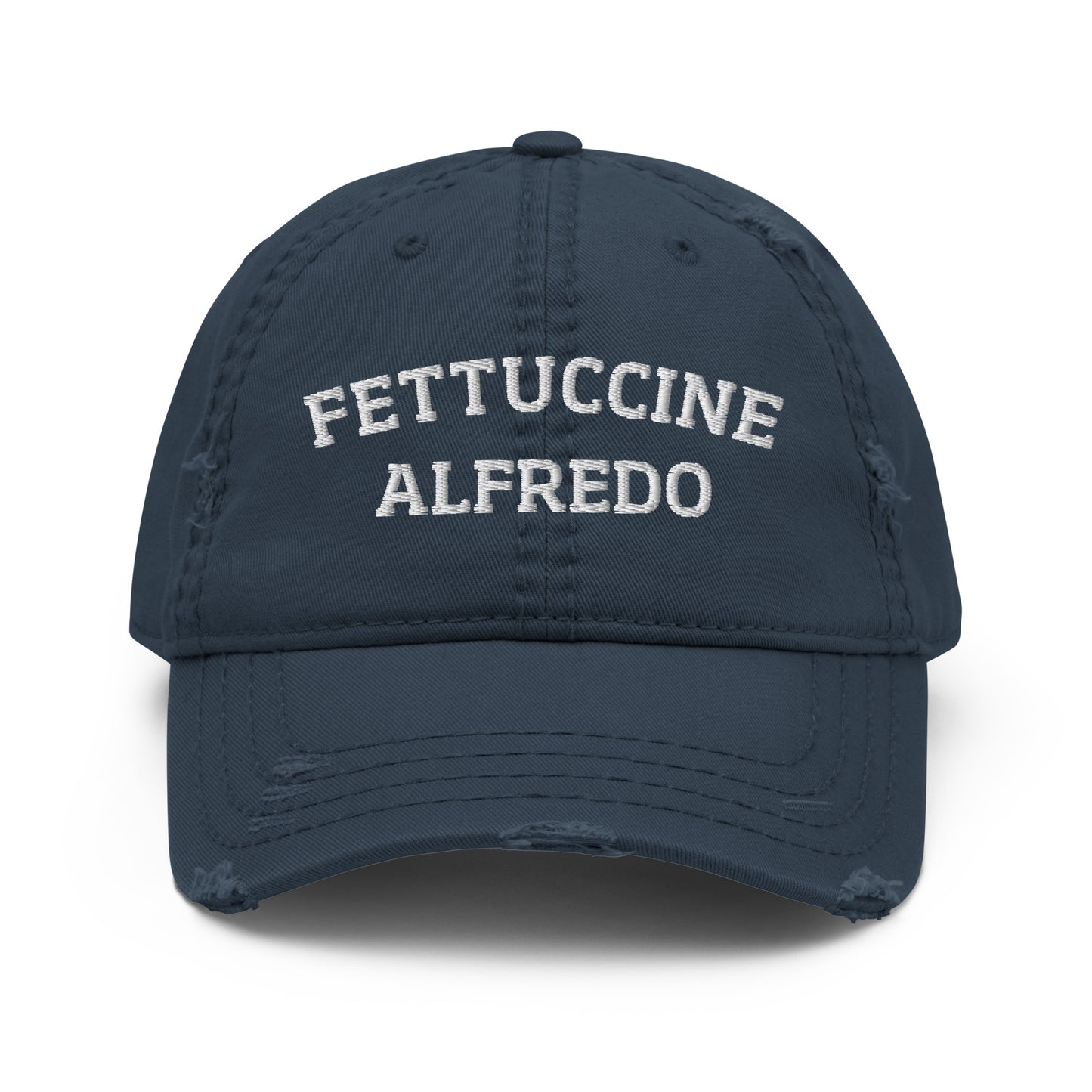Navy fettuccine Alfredo dad hat from Nina's Funky Shop by ninanush - A distressed fettuccine Alfredo dad hat, expertly embroidered with "Fettuccine Alfredo." It's a funny pasta lover hat, made just for you. This fettuccine Alfredo hat stands out and makes the perfect gift for fettuccine Alfredo enthusiasts. Celebrate your favorite foods in our funny foodie clothing and accessories.