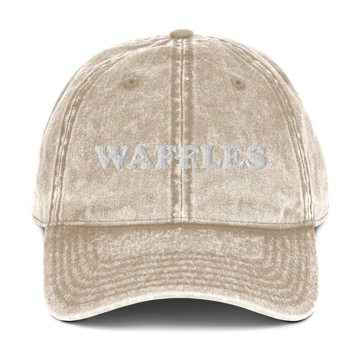Tan waffles dad hat - The Waffles Dad Hat! This funny food dad hat is the perfect everyday accessory to show off your love of waffles. Wear the unique foodie dad hat for any occasion or give it as a stylish weird gift for a waffle lover. Show off your love of waffles and favorite foods in our vintage style weird dad hats and clothing.