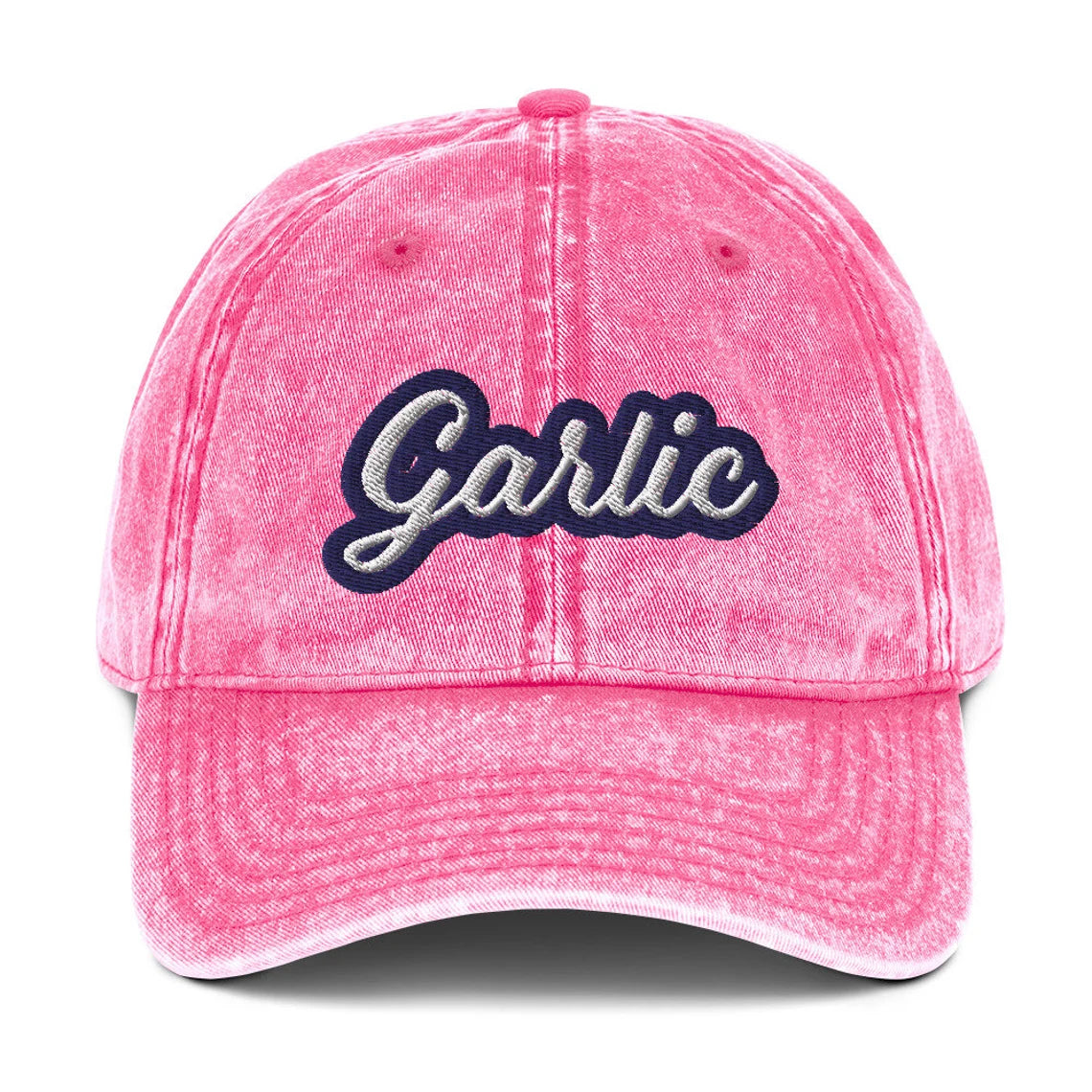 Funny Pink dad hat for foodies and garlic enthusiasts - Show your love of garlic with this vintage-style garlic dad hat. Perfect for garlic enthusiasts, it's a funny gift for the garlic lover in your life. It's a comfortable and unique foodie hat that's sure to make a statement. If you love garlic, stand out in this funky, embroidered, weird dad hat made just for you.