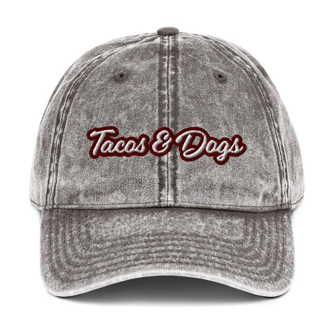 Gray dad hat with unique foodie embroidery - The tacos and dogs dad hat is the perfect accessory for taco lovers and dog lovers and foodies of all kinds! It features a washed-out denim look, giving it a vintage feel. This funny food hat is the ultimate way to show off your love dogs and tacos, too. Wear it as a statement piece for everyday street wear or give it as a gift for foodies or your favorite dog parent - the ultimate dad hat for foodies, animal lovers and beyond.