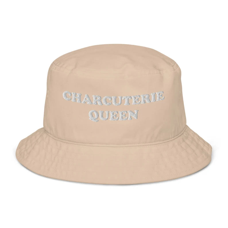 Charcuterie lover bucket hat - An embroidered charcuterie bucket hat for foodies and charcuterie enthusiasts. It's a unique bucket hat that's organic cotton, funny, comfortable and made just for you. Make a statement white you build your perfect charcuterie board or give it as an eco friendly funny gift for charcuterie lovers and queens.