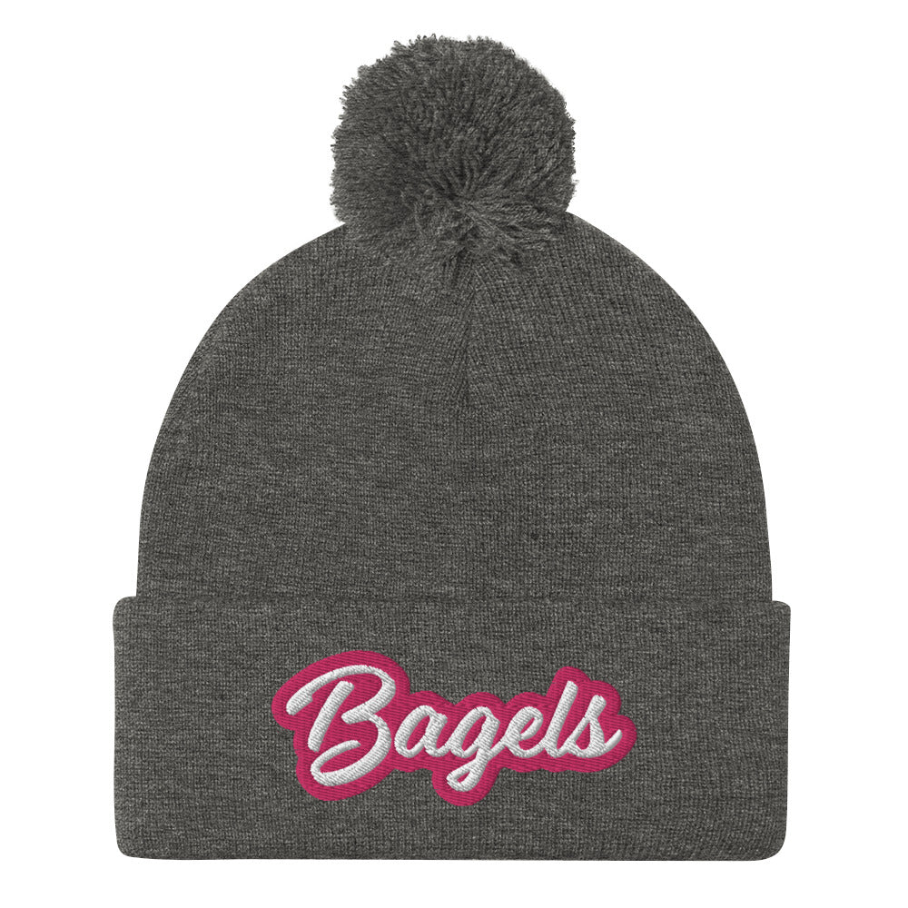Gray beanie with pink and white bagel embroidery - Calling all bagel babes! Stay warm and make a statement in our pink and white embroidered beanie for bagel lovers. This funny foodie hat stands out and comes in a variety of colors. It's a unique bagel beanie that's comfortable and made just for you. Eat bagels in style or give it as a funny gift for bagel enthusiasts.