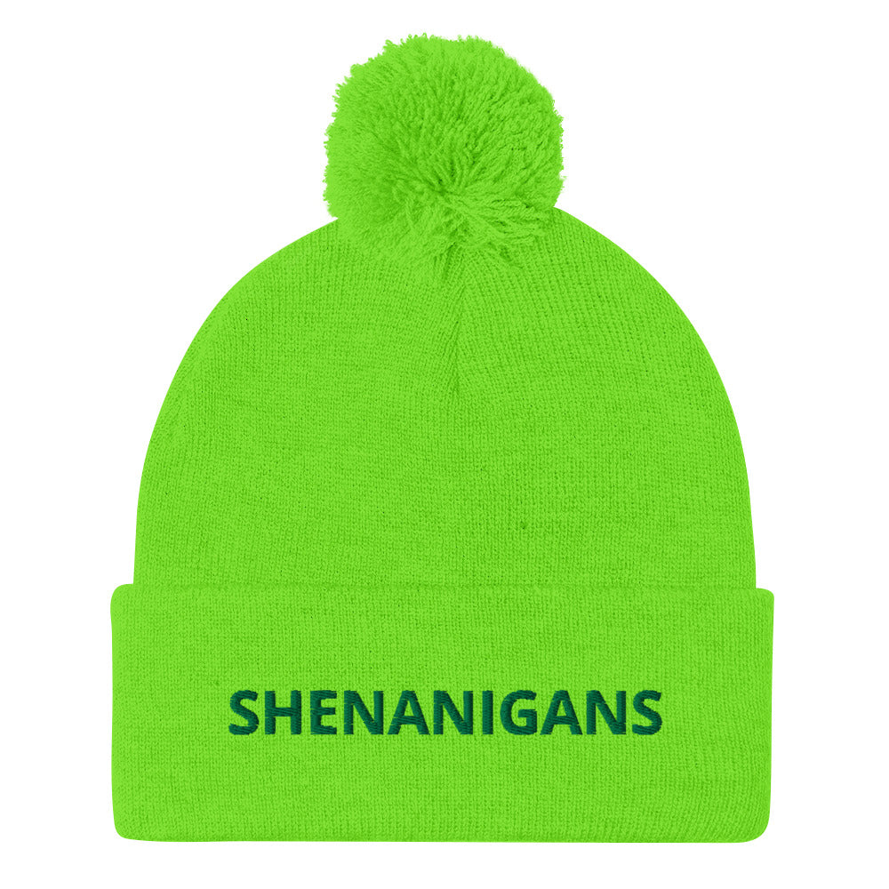 Green Shenanigans Beanie - A warm and cozy pom pom beanie with "shenanigans", expertly embroidered accross the front. Looking for something personalized? A different embroidery color? Shoot us an email or check out our customizable apparel!
