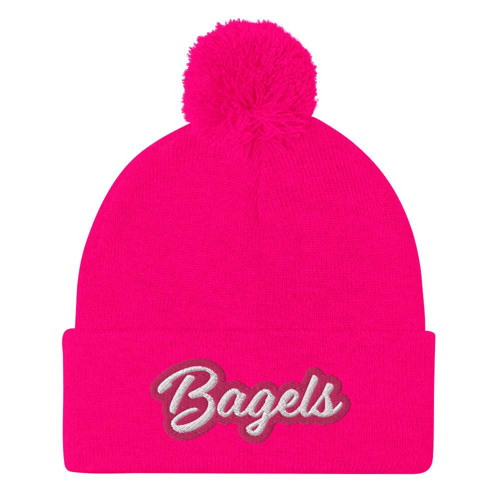 Pink bagel beanie - Calling all bagel babes! Stay warm and make a statement in our pink and white embroidered beanie for bagel lovers. This funny foodie hat stands out and comes in a variety of colors. It's a unique bagel beanie that's comfortable and made just for you. Eat bagels in style or give it as a funny gift for bagel enthusiasts.