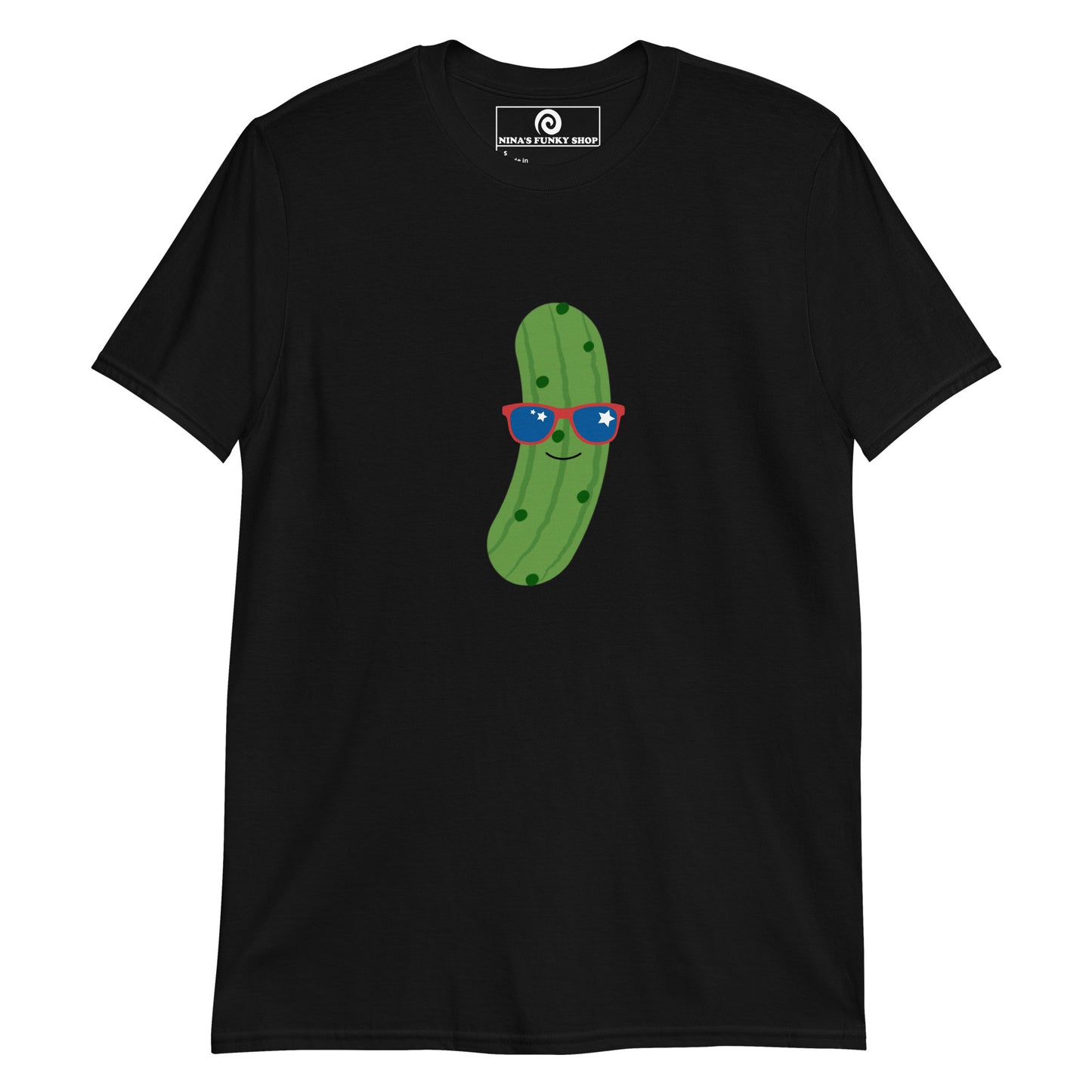 Black USA Pickle T-Shirt - Our Patriotic Pickle T-shirt is soft, comfortable and comes in a variety of colors with a funny pickle design wearing red white and blue sunglasses. The perfect graphic tee for pickle lovers and foodies of all kinds. Stand out in our sarcastic graphic tees and funny foodie apparel. Designed by Nina and made just for you!