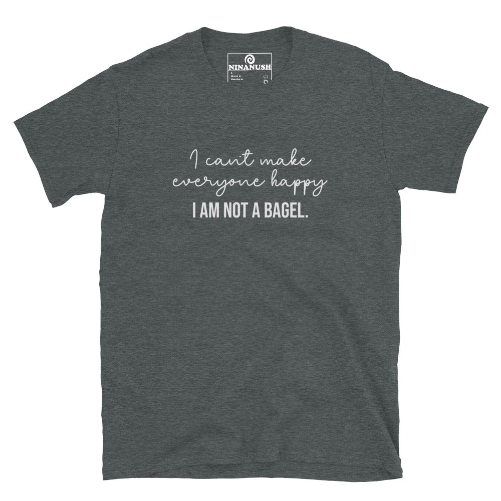 Funny foodie quote for bagel lovers on gray t-shirt - "I can't make everyone happy, I am not a bagel." This bagel lover t-shirt is a comfortable classic tee with a funny bagel quote on the front. Make a statement and eat bagels in style this weird foodie shirt for bagel enthusiasts. Great for everyday streetwear or a gift for your favorite bagel connoisseur.