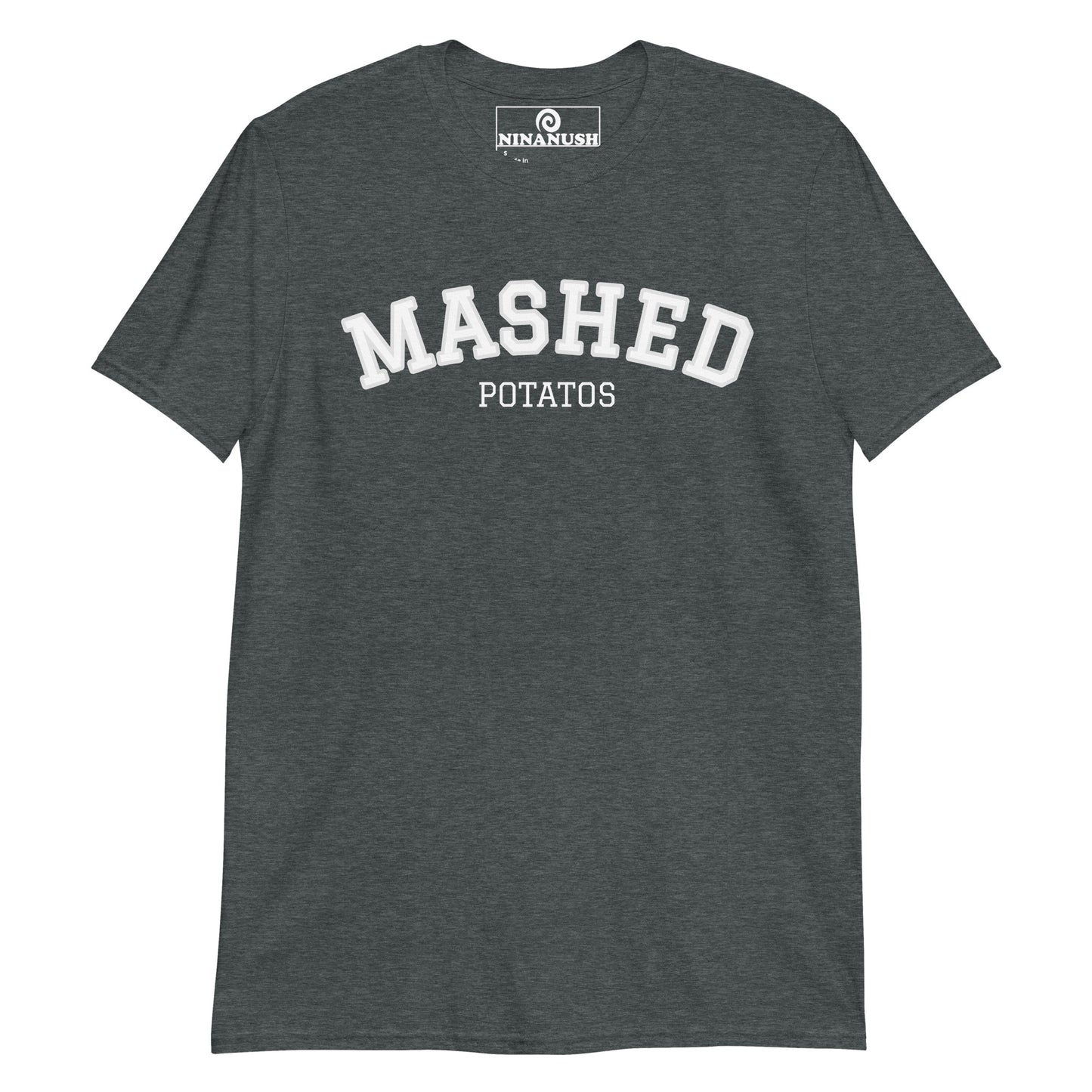 Dark gray shirt for mashed potato lover - A mashed potatoes t-shirt for potato enthusiasts and foodies of all kinds. It's a classic cotton tee with a unique college-style t-shirt design. This funny foodie shirt stands out and makes a statement. Eat mashed potatoes in this quirky streetwear potato tshirt or give it as a funny gift for mashed potato lovers.