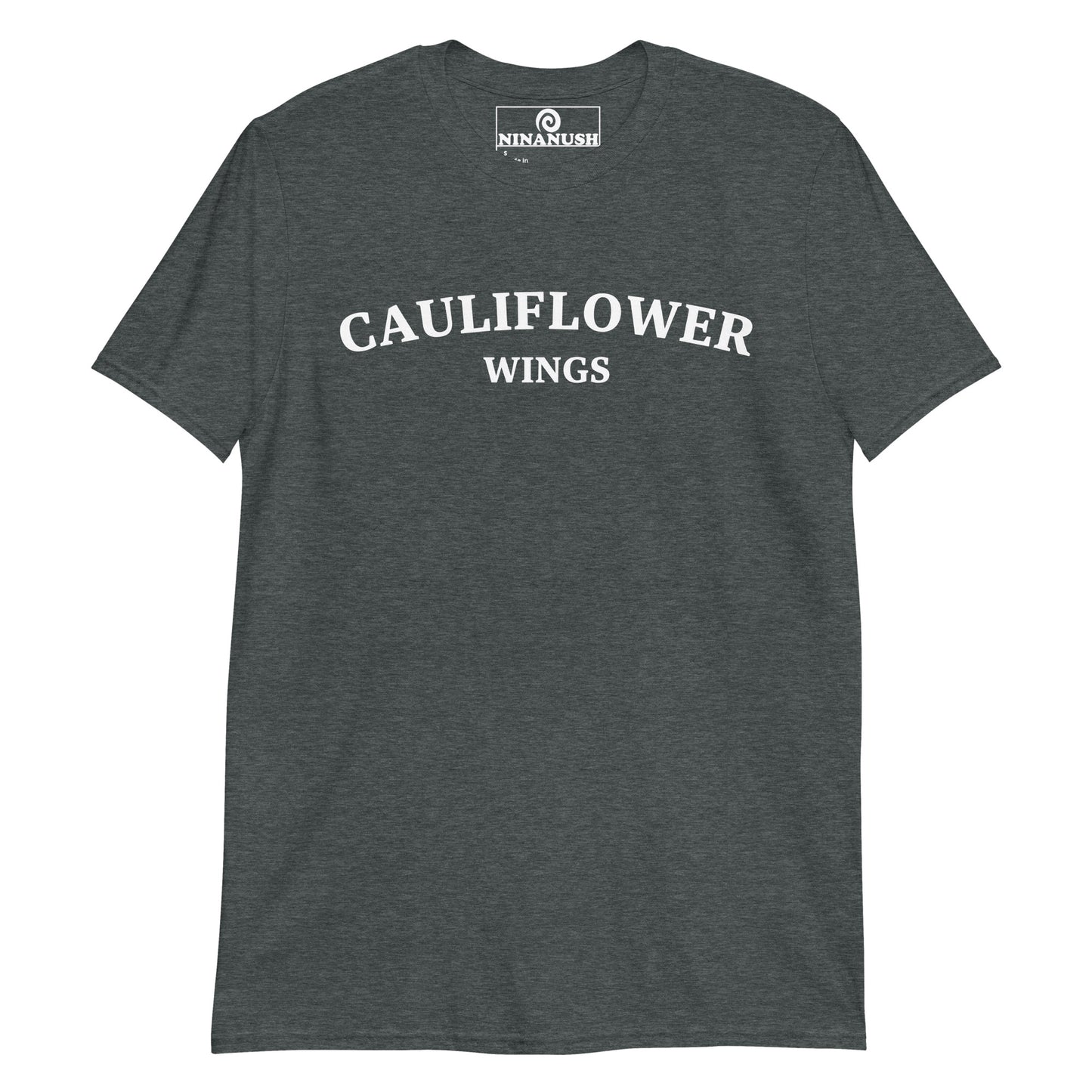 Dark gray cauliflower wings shirt - Cauliflower wings! This Unisex cauliflower wings t-shirt is soft, comfortable, designed for cauliflower wing lovers and made just for you. It's a funny college-style food shirt that is sure to stand out and make a statement. From buffalo wings to barbecue wings, cauliflower is the way to go! Eat cauliflower wings in this everyday unique foodie t-shirt or give it as a funny gift for a fellow food lover.