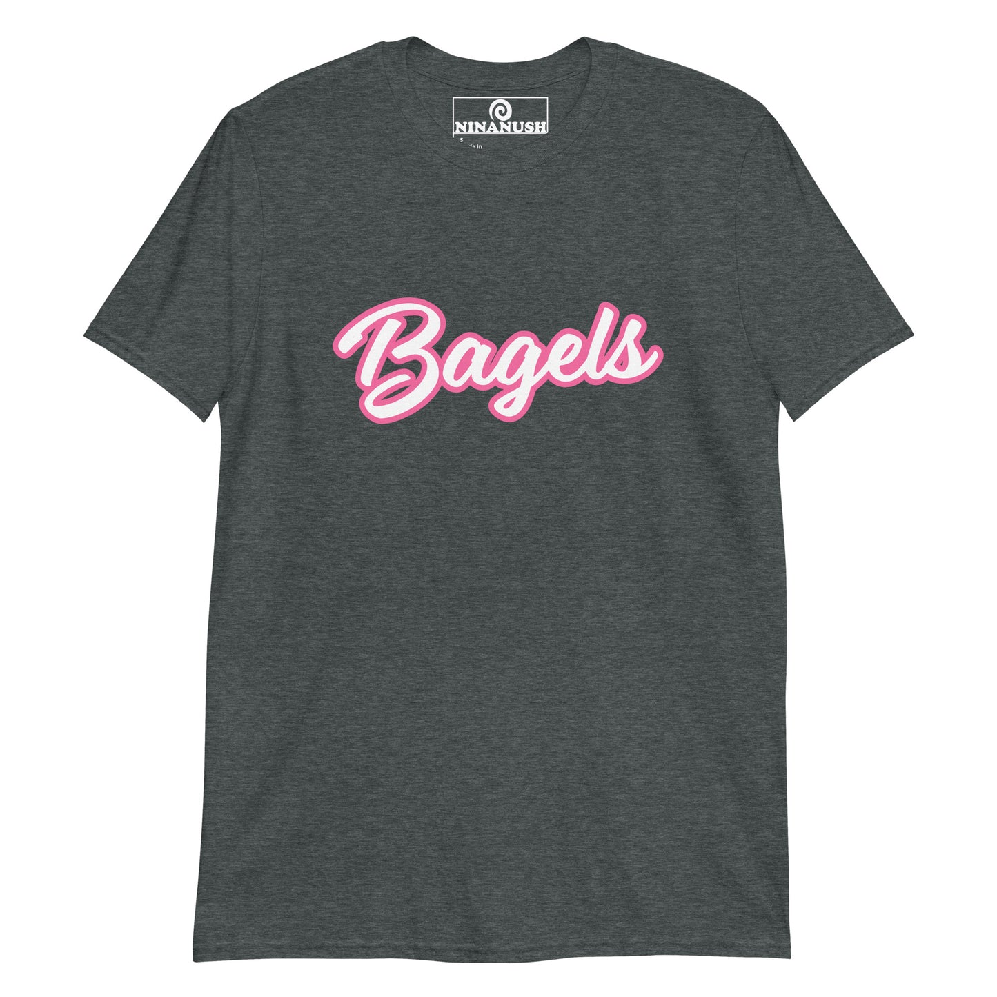 Dark gray bagel lover t-shirt in gray - A funny Barbie style t-shirt for bagel lovers. It's a classic cotton tee with the word "Bagels" printed in pink and white on the front. It's soft, comfortable and made just for you and your favorite bagel enthusiast. This funny bagel t-shirt makes a unique gift for bagel lovers and a quirky shirt for foodies of all kinds.