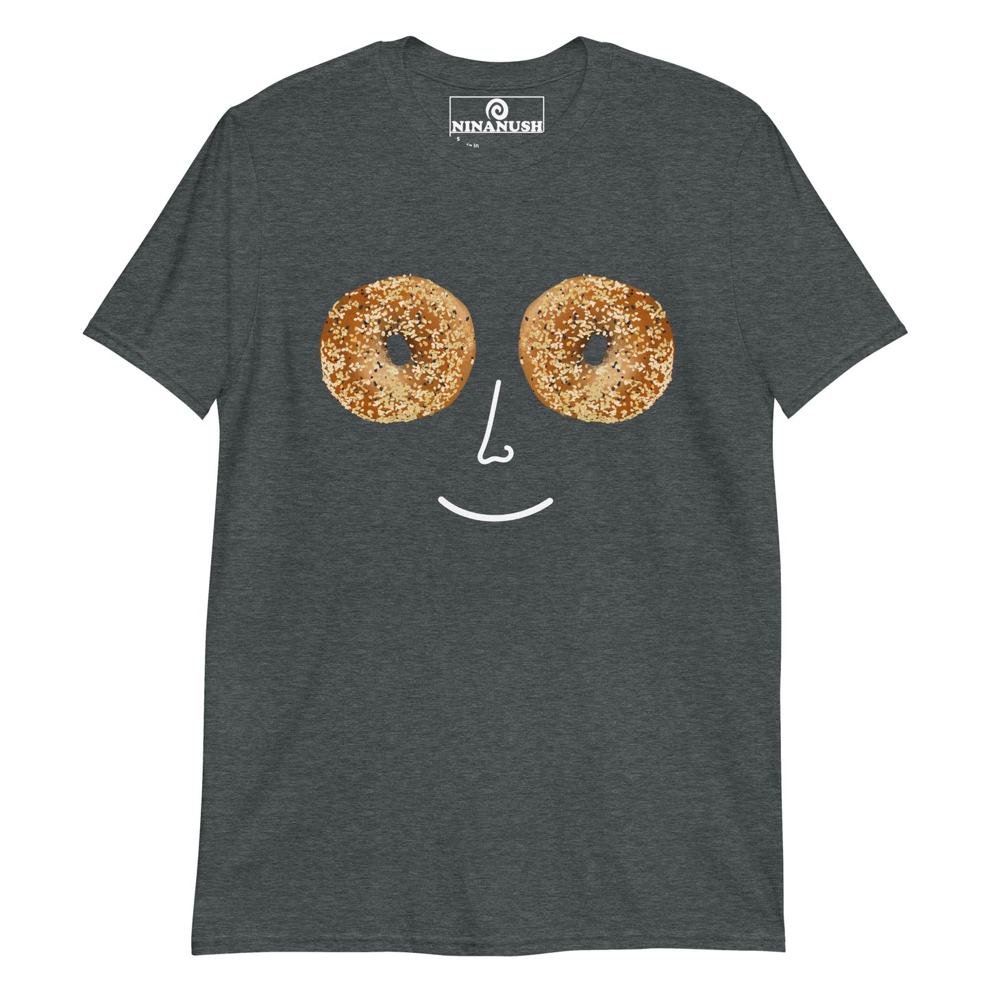 Gray Everything Bagel T-shirt from Nina's Funky Shop - Do you love bagels? Looking for a funny gift for a bagel lover? Our Everything Bagel Design T-shirt is just what you need. It's soft, cotton t-shirt with a unique bagel smiley face design and hand drawn bagel eyes. This weird foodie t-shirt is perfect for everyday streetwear or a gift for your favorite bagel enthusiast.