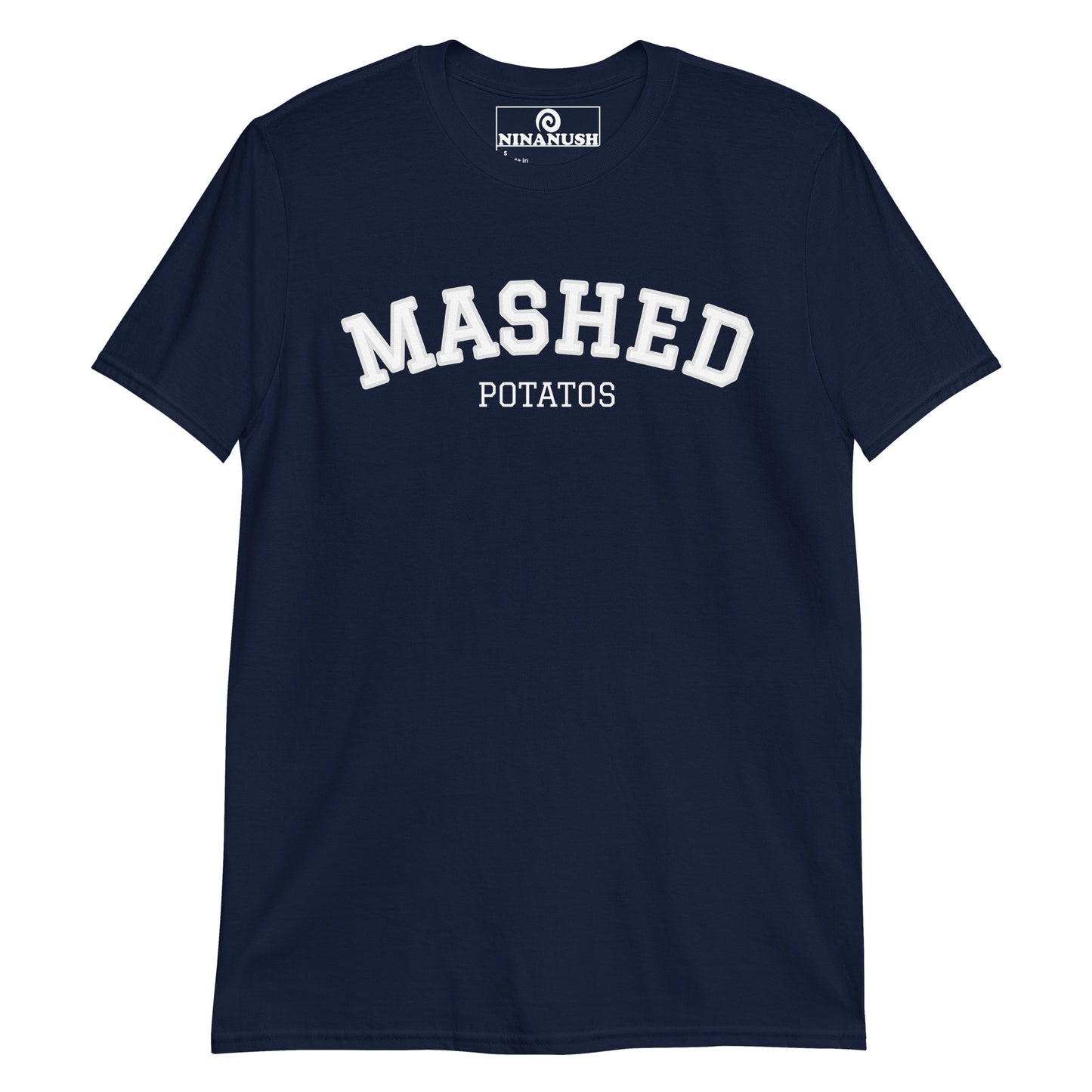 Navy mashed potato t-shirt - A mashed potatoes t-shirt for potato enthusiasts and foodies of all kinds. It's a classic cotton tee with a unique college-style t-shirt design. This funny foodie shirt stands out and makes a statement. Eat mashed potatoes in this quirky streetwear potato tshirt or give it as a funny gift for mashed potato lovers.