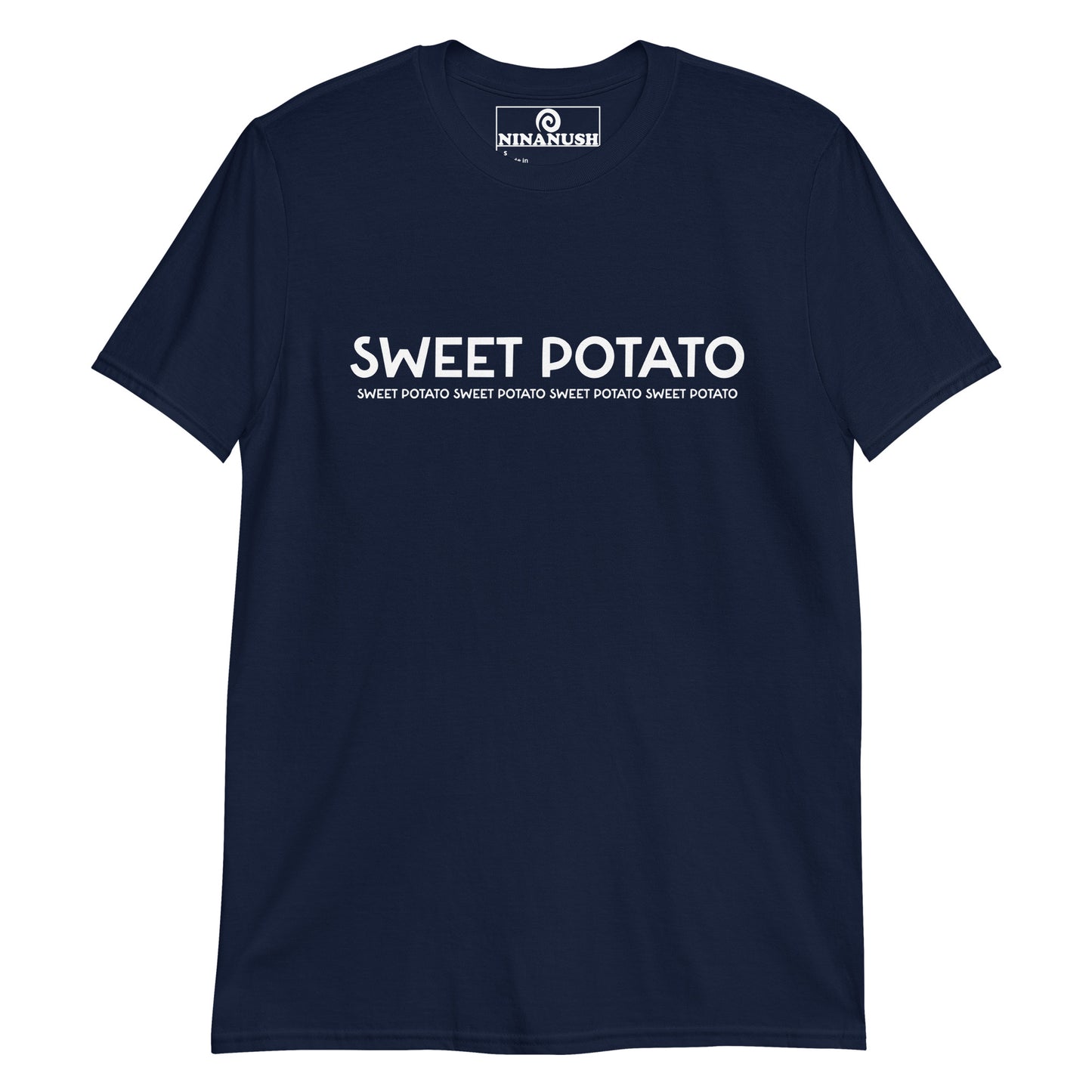 Navy sweet potato t-shirt from Nina's Funky Shop by ninanush - Stand out in this sweet potato enthusiast t-shirt. It's a unisex cotton shirt with the words "Sweet Potato" printed on the front. This weird shirt is unique, designed by Nina and made just for you. Stand out and share your foodie passion in this sweet potato shirt or give it as a funny gift for a potato aficionado.