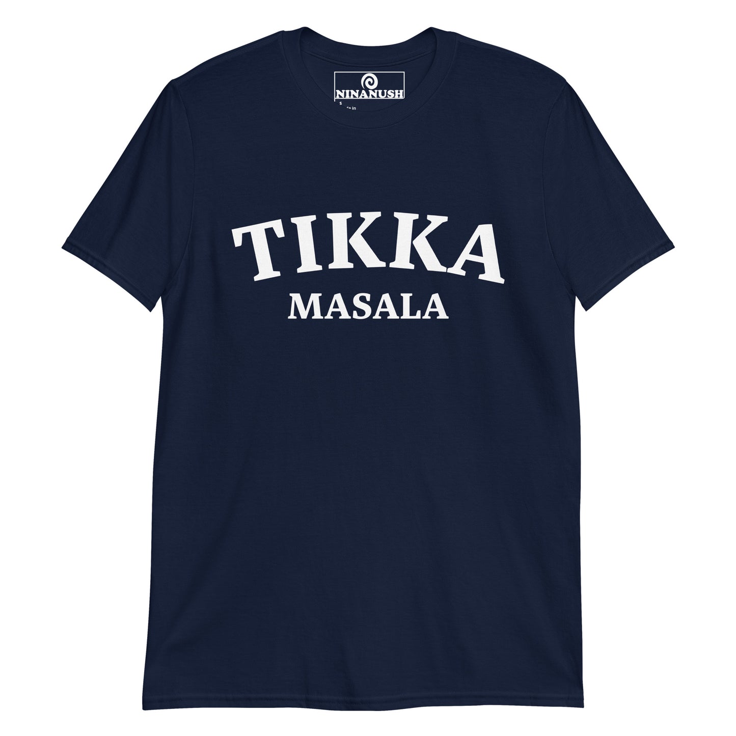 Navy Tikka Masala T-shirt from Nina's Funky Shop by ninanush - Tikka Masala 🔥 Do you love tikka masala? Looking for a unique foodie gift? Look no further! Our Tikka Masala T-shirt is just what you need. It's a college-style, crew neck foodie shirt for Indian food enthusiasts. If you love tikka masala, this funny food shirt was designed just for you.