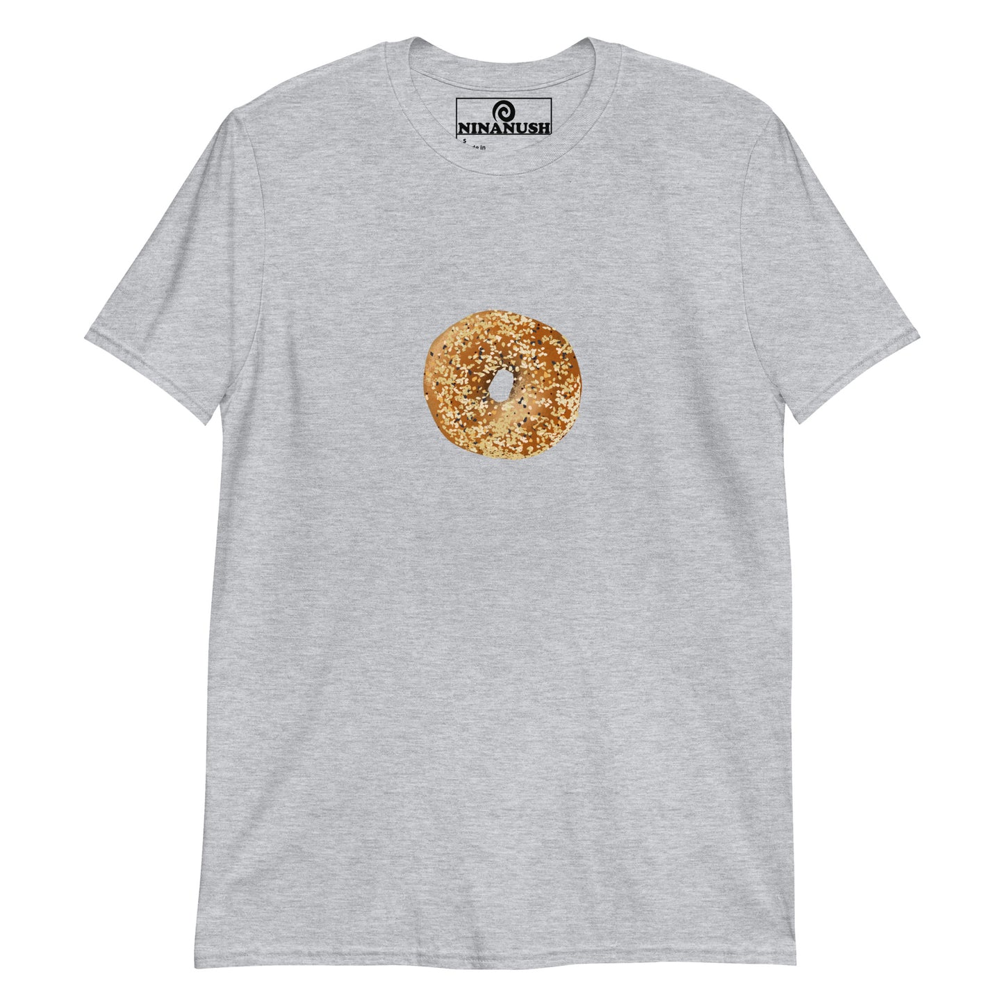 Light gray bagel t-shirt - A unique everything bagel shirt for bagel enthusiasts. It's a cotton t-shirt with an everything bagel printed on the front. The perfect funny foodie shirt for bagel lovers or gift for foodie. Eat bagels in this statement bagel shirt or find the perfect funny bagel graphic tee or accessory in our bagel lover apparel.