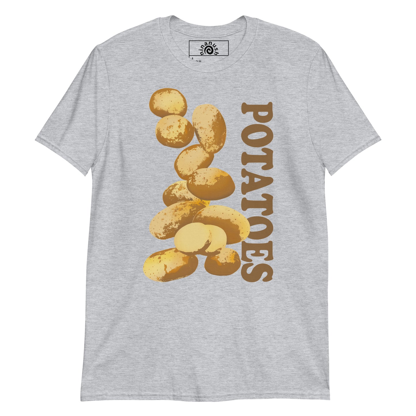 Light Gray Potatoes T-shirt from Nina's Funky Shop by ninanush - Do you love potatoes? Looking for a funny foodie gift? Our Unique Potatoes T-shirt is just what you need. It's a potatoes graphic tee with a hand drawn potato design, expertly printed on the front. Stand out in this potato lover t-shirt. It's the perfect funny foodie shirt for potato enthusiasts and foodies of all kinds.