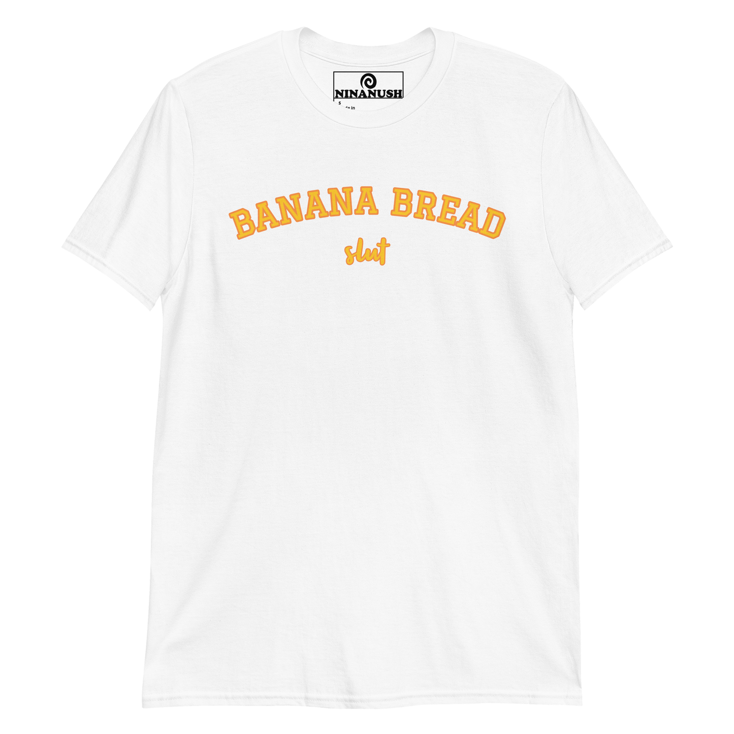 White t-shirt for banana bread obsessed foodies - Slut for banana bread? This banana bread t-shirt was designed just for you! A classic cotton tee with a funny foodie design. Eat bananas and share your passion for banana bread in our sarcastic foodie shirt for banana bread lovers. The banana bread enthusiast shirt makes a great gift for a crazy banana bread aficionado.