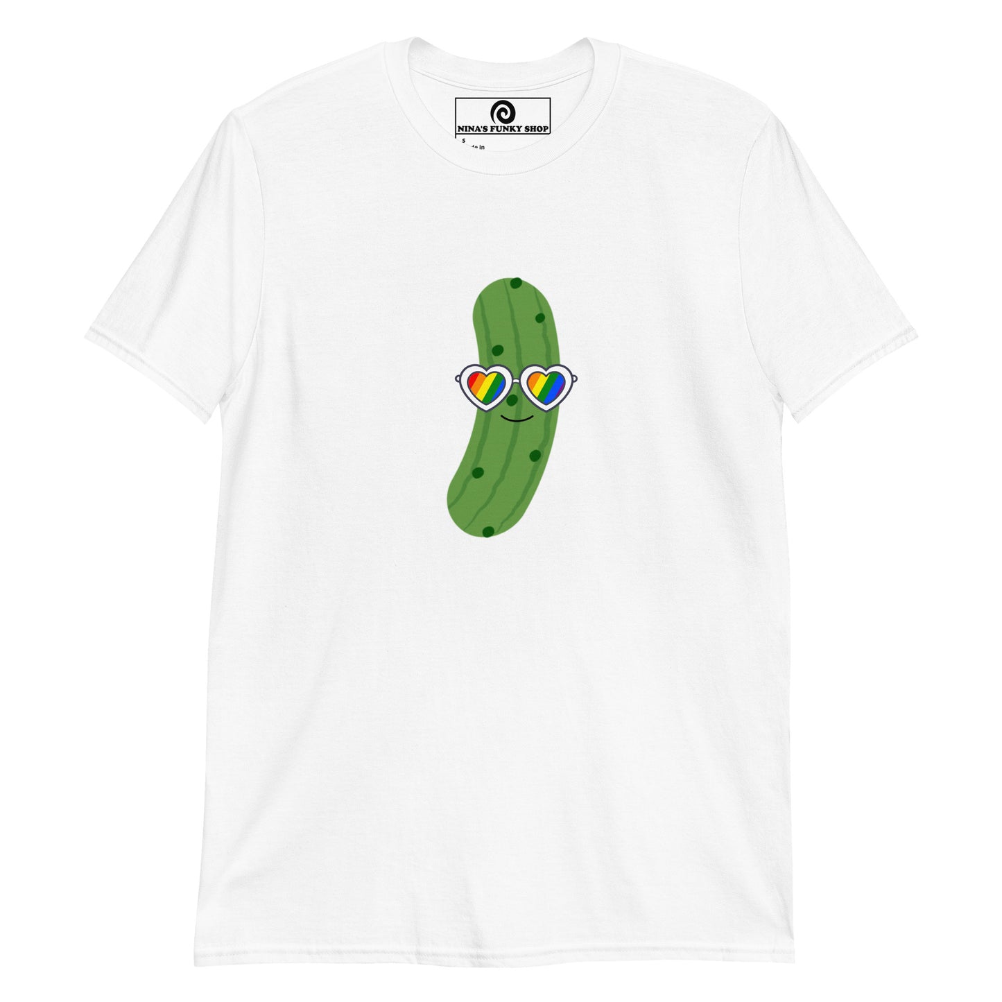White Funny Pride T-shirt with Pickle Design - Our pride Pickle T-shirt is soft, comfortable and comes in a variety of colors with a funny pickle design wearing heart pride sunglasses. Eat your favorite pickles in this funny foodie tee. Stand out in our sarcastic graphic tees and funny foodie apparel. Designed by Nina and made just for you!