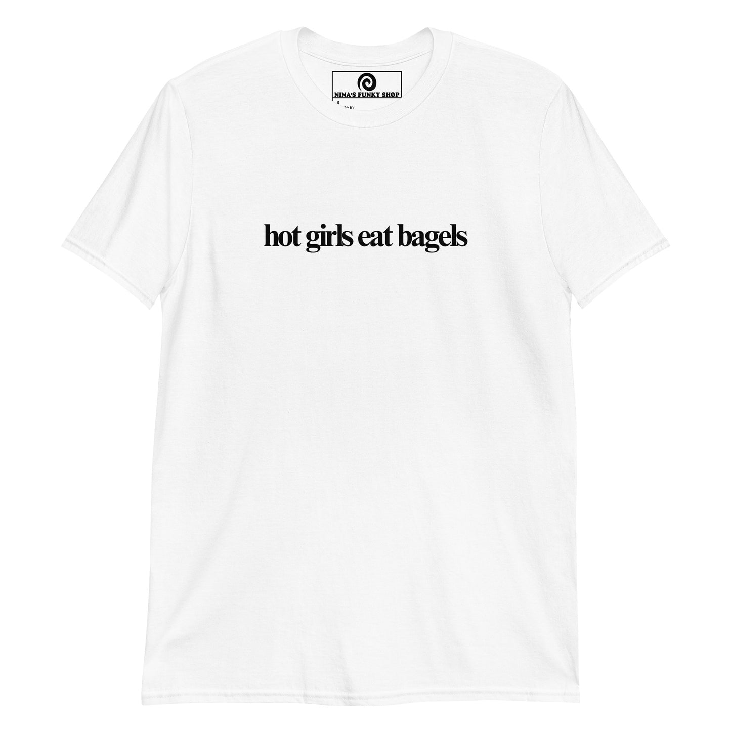 White Hot Girls Eat Bagels T-Shirt - Love bagels? Looking for a gift for a bagel enthusiast? Our Hot Girls Eat Bagels T-Shirt is just what you need. It's a classic cotton shirt with a funny bagel saying, expertly printed on the front. A perfect shirt for bagel lovers and foodies of all kinds. Looking for something personalized? Shoot us an email!