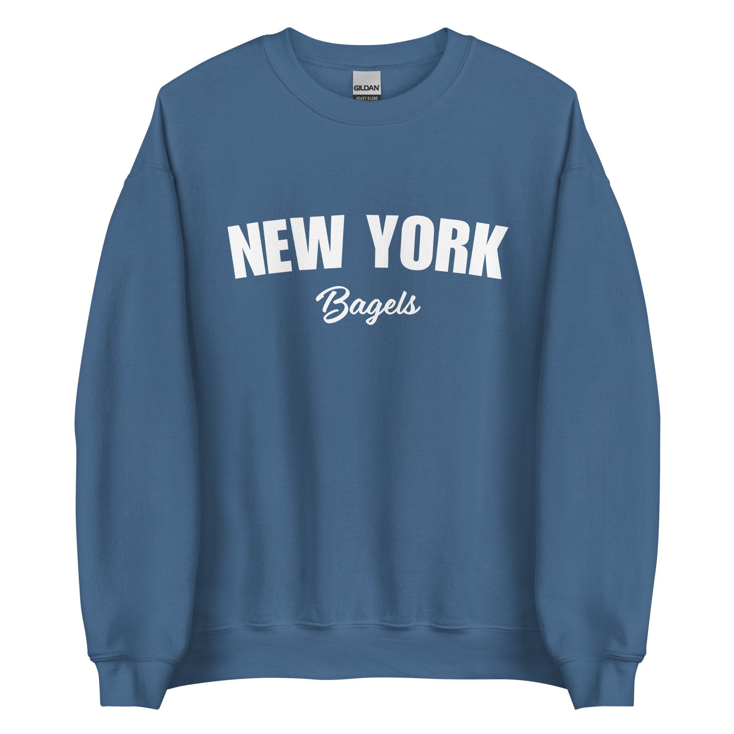 Indigo Blue New York Bagels Sweatshirt from Nina's Funky Shop by ninanush - Do you love New York Bagels? Looking for a gift for a New Yorker? This New York Bagels Sweatshirt is a fun foodie sweatshirt for Bagel lovers like you. It's a unisex, crew neck New York City sweatshirt with "New York Bagels" on the front. Perfect for cozy nights in or classic foodie streetwear, this bagel enthusiast sweatshirt is just for you.
