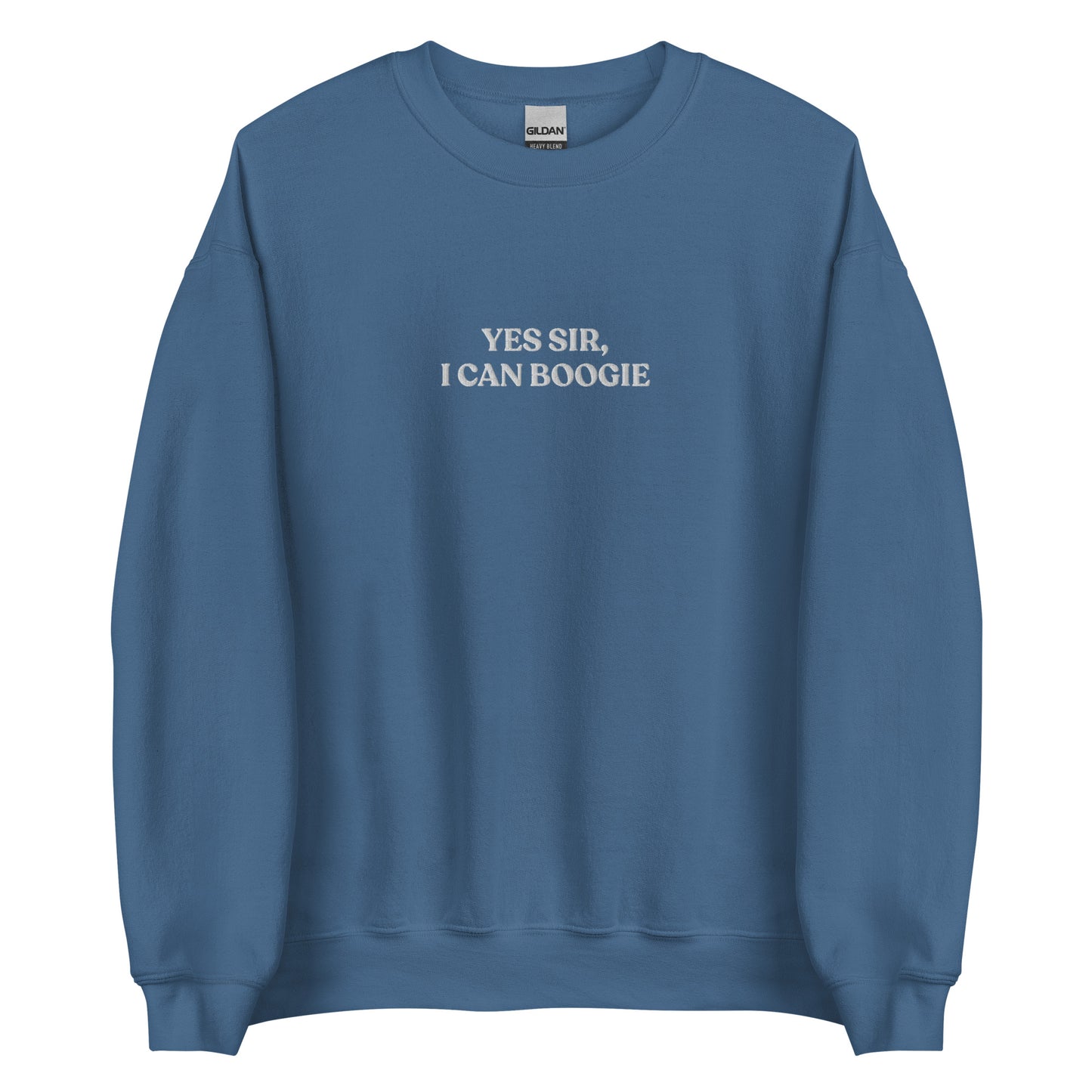 Indigo Blue Yes Sir, I Can Boogie Sweatshirt from Nina's Funky Shop by ninanush - Love to boogie? Looking for a funny gift for a dancer or a disco lover? Our Yes Sir, I Can Boogie Sweatshirt is soft, comfortable and just what you need. It's a unisex Crewneck sweatshirt that comes in a variety of colors with "Yes Sir, I Can Boogie", expertly embroidered in the front center. A funny disco lover sweatshirt or quirky streetwear for everyday.
