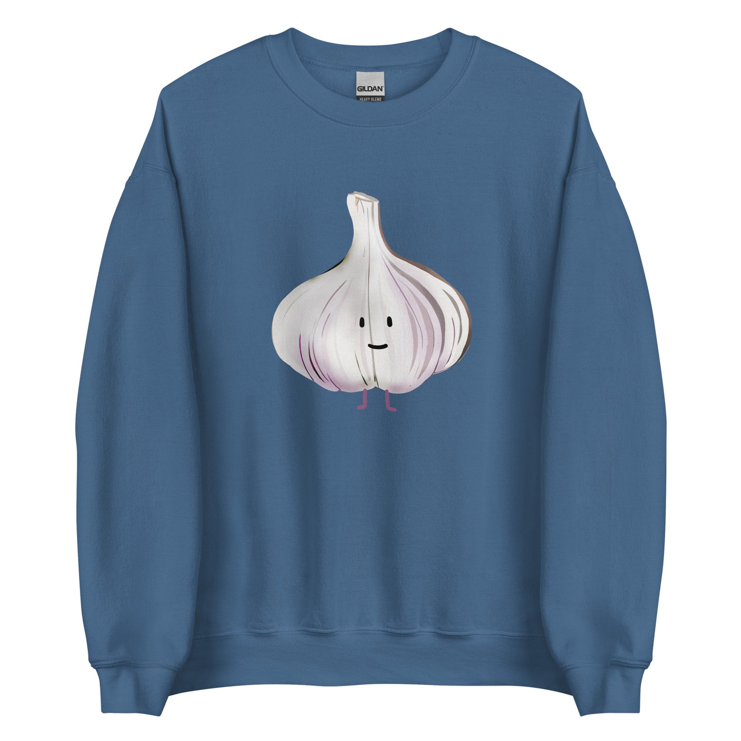 Indigo Blue Cute Garlic Design Sweatshirt from Nina's Funky Shop by ninanush - Love garlic? Looking for a funky gift for a garlic lover? Our Cute Garlic Crewneck Sweatshirt is soft, comfortable and just what you need. It's a unisex sweatshirt with a unique, hand drawn garlic design, expertly printed on the front. Perfect for cozy nights in or stand out streetwear for garlic enthusiasts.