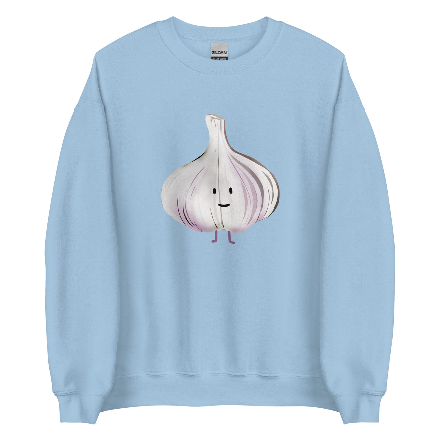 Light Blue Garlic Sweatshirt from Nina's Funky Shop by ninanush - Love garlic? Looking for a funky gift for a garlic lover? Our Cute Garlic Crewneck Sweatshirt is soft, comfortable and just what you need. It's a unisex sweatshirt with a unique, hand drawn garlic design, expertly printed on the front. Perfect for cozy nights in or stand out streetwear for garlic enthusiasts.