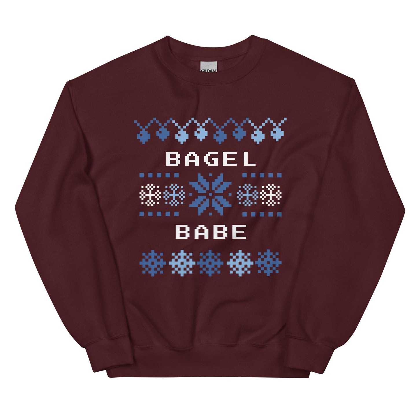Maroon Bagel Babe Holiday Sweatshirt from Nina's Funky Shop by ninanush - Do you love bagels? Looking for a funny gift? Our Bagel Babe Crew Neck Sweatshirt is soft, comfortable and just what you need. It's a unisex bagel lover sweatshirt with a blue and white holiday design, expertly printed on the front. A funny foodie sweatshirt for cozy nights in or a stand out holiday party sweatshirt.