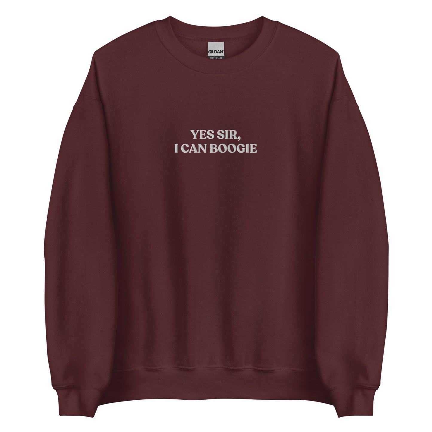 Maroon Yes Sir, I Can Boogie Sweatshirt from Nina's Funky Shop by ninanush - Love to boogie? Looking for a funny gift for a dancer or a disco lover? Our Yes Sir, I Can Boogie Sweatshirt is soft, comfortable and just what you need. It's a unisex Crewneck sweatshirt that comes in a variety of colors with "Yes Sir, I Can Boogie", expertly embroidered in the front center. A funny disco lover sweatshirt or quirky streetwear for everyday.