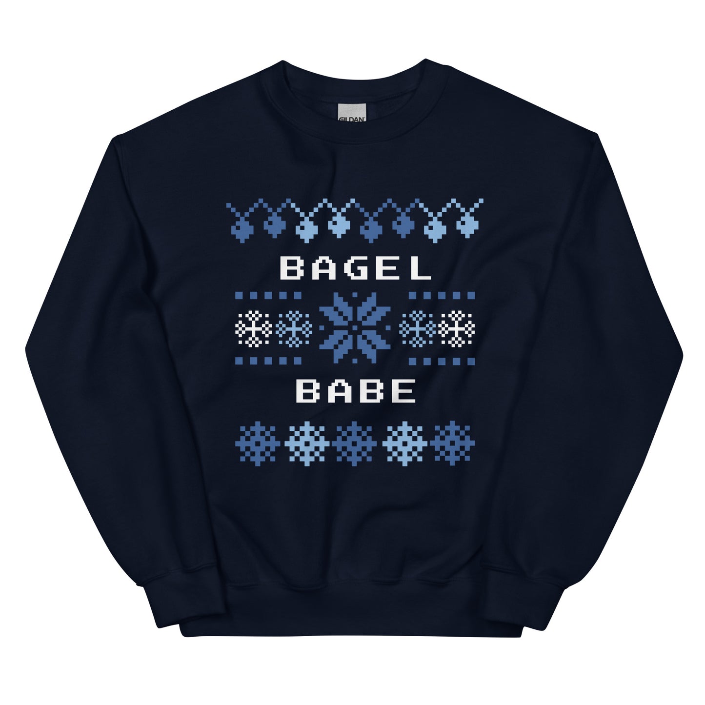 Navy Hanukkah Crew Neck Sweatshirt from Nina's Funky Shop by ninanush - Do you love bagels? Looking for a funny gift? Our Bagel Babe Crew Neck Sweatshirt is soft, comfortable and just what you need. It's a unisex bagel lover sweatshirt with a blue and white holiday design, expertly printed on the front. A funny foodie sweatshirt for cozy nights in or a stand out holiday party sweatshirt.