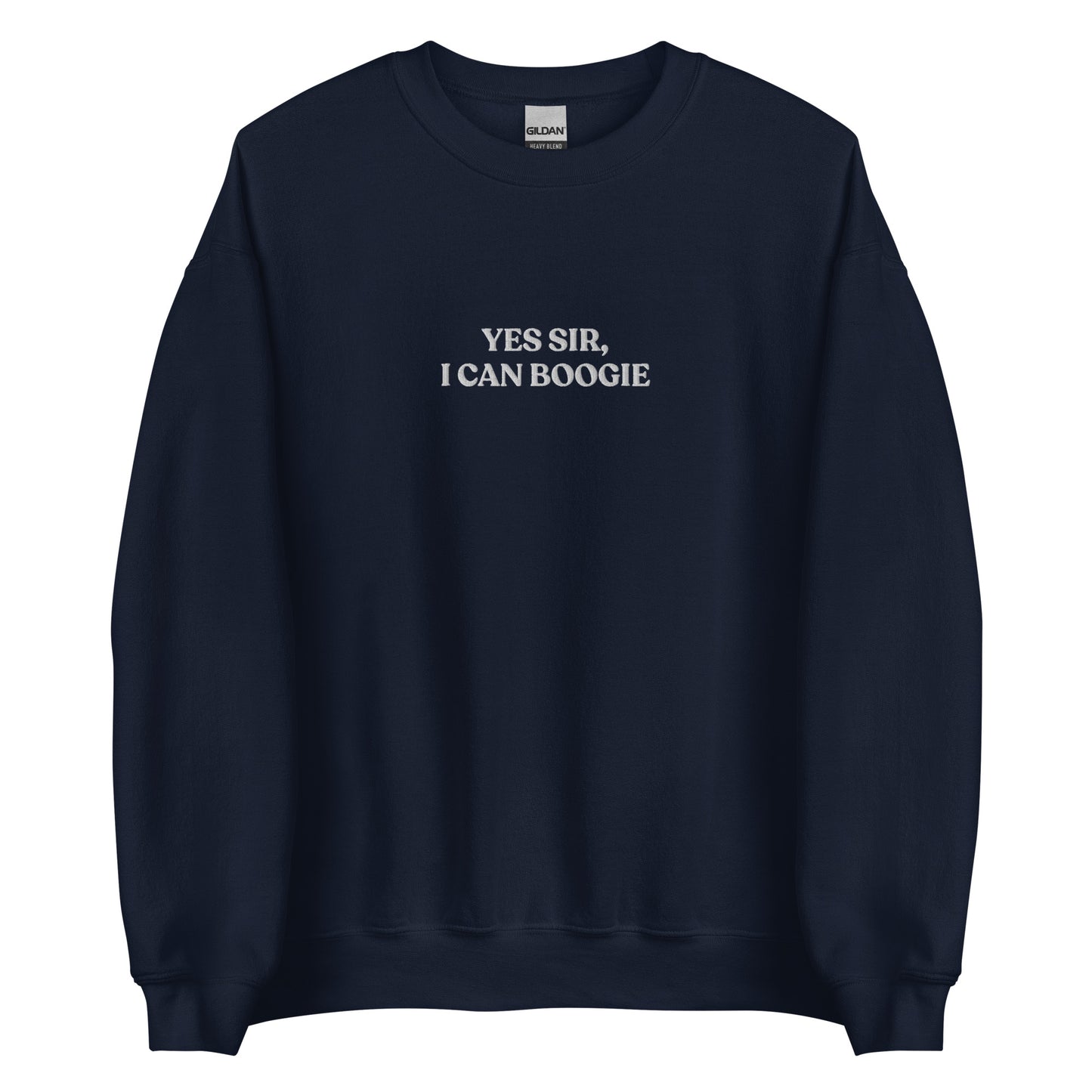 Navy Yes Sir, I Can Boogie Sweatshirt from Nina's Funky Shop by ninanush - Love to boogie? Looking for a funny gift for a dancer or a disco lover? Our Yes Sir, I Can Boogie Sweatshirt is soft, comfortable and just what you need. It's a unisex Crewneck sweatshirt that comes in a variety of colors with "Yes Sir, I Can Boogie", expertly embroidered in the front center. A funny disco lover sweatshirt or quirky streetwear for everyday.