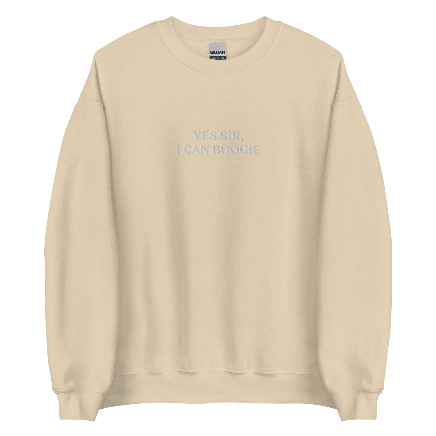 Beige Yes Sir, I Can Boogie Sweatshirt from Nina's Funky Shop by ninanush - Love to boogie? Looking for a funny gift for a dancer or a disco lover? Our Yes Sir, I Can Boogie Sweatshirt is soft, comfortable and just what you need. It's a unisex Crewneck sweatshirt that comes in a variety of colors with "Yes Sir, I Can Boogie", expertly embroidered in the front center. A funny disco lover sweatshirt or quirky streetwear for everyday.