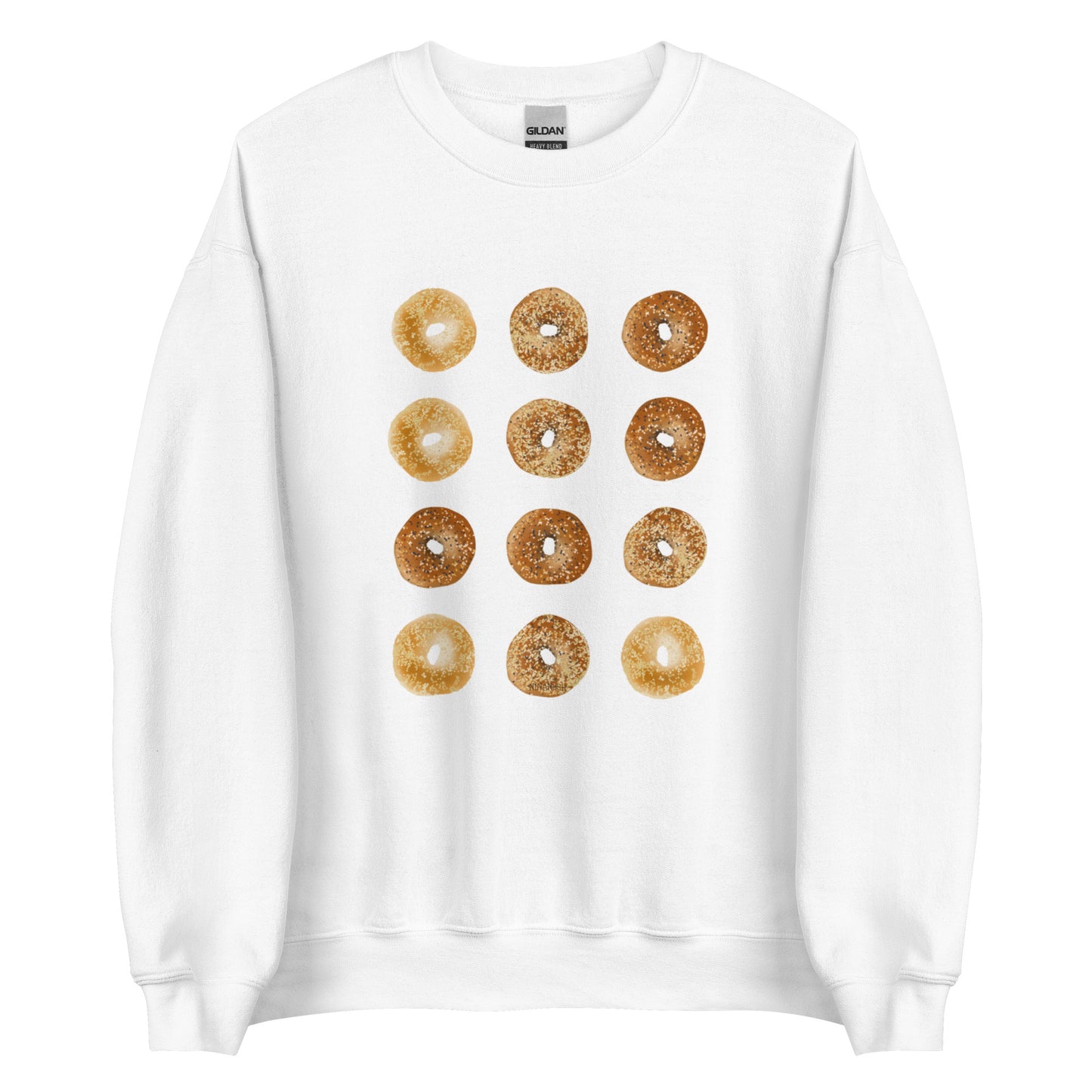 White Bagels Crewneck Sweatshirt from Nina's Funky Shop by ninanush - Our Bagels Sweatshirt is soft, comfortable and a perfect foodie sweatshirt for bagel lovers. It's a unisex, classic crew neck sweatshirt that comes in a variety of colors with a dozen bagels, expertly printed on the front. Perfect for cozy nights in or stand out streetwear for foodies, this sweatshirt is hand drawn, designed by Nina and made just for you.