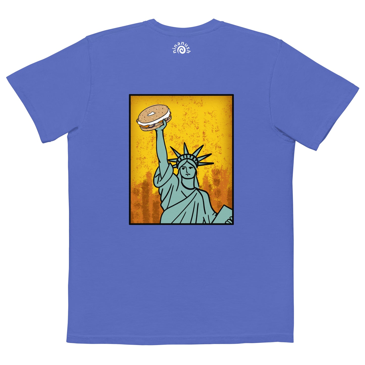 Bright blue funny new york bagel t-shirt - Show your love of bagels with our funny food t-shirt designed for bagel enthusiasts. Available in various colors, this classic t-shirt has an original design of the Statue of Liberty holding a bagel, and a small everything bagel on the front. Let your love for bagels shine or give it as a unique gift for a bagel lover.