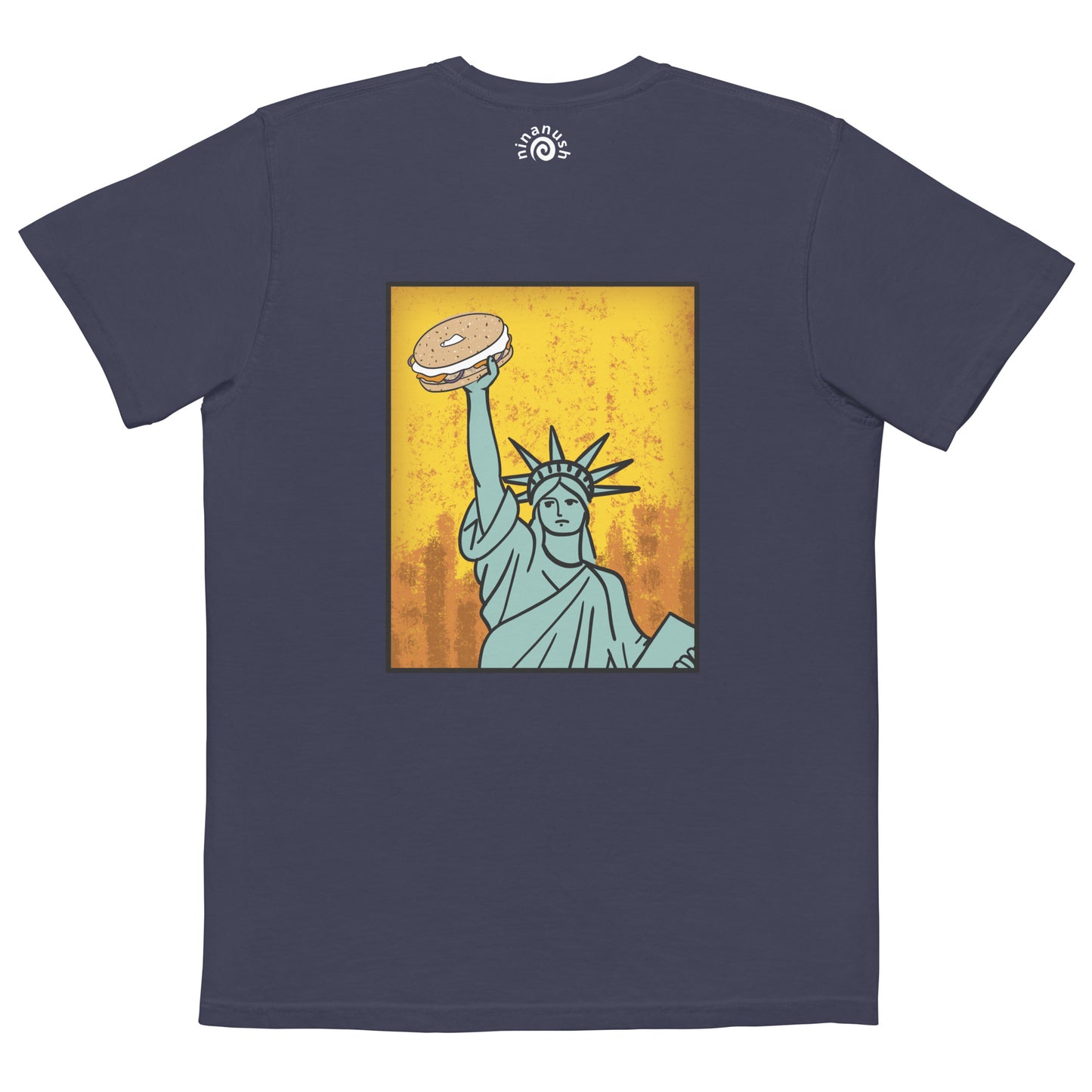 Navy blue new york bagel t-shirt - Show your love of bagels with our funny food t-shirt designed for bagel enthusiasts. Available in various colors, this classic t-shirt has an original design of the Statue of Liberty holding a bagel, and a small everything bagel on the front. Let your love for bagels shine or give it as a unique gift for a bagel lover.