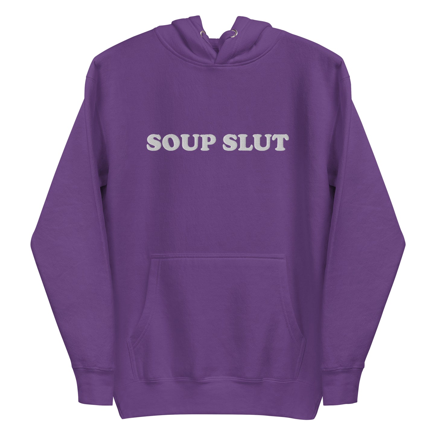 Purple Soup Slut Hoodie - It's always soup season! This Soup Slut Hoodie is soft, comfortable and just what you need. It's a unisex hoodie that comes in a variety of colors with "Soup Slut", expertly embroidered on the front. It's the perfect hoodie for soup season, designed by Nina and made just for you. Celebrate your favorite foods in our funky foodie clothing and accessories!