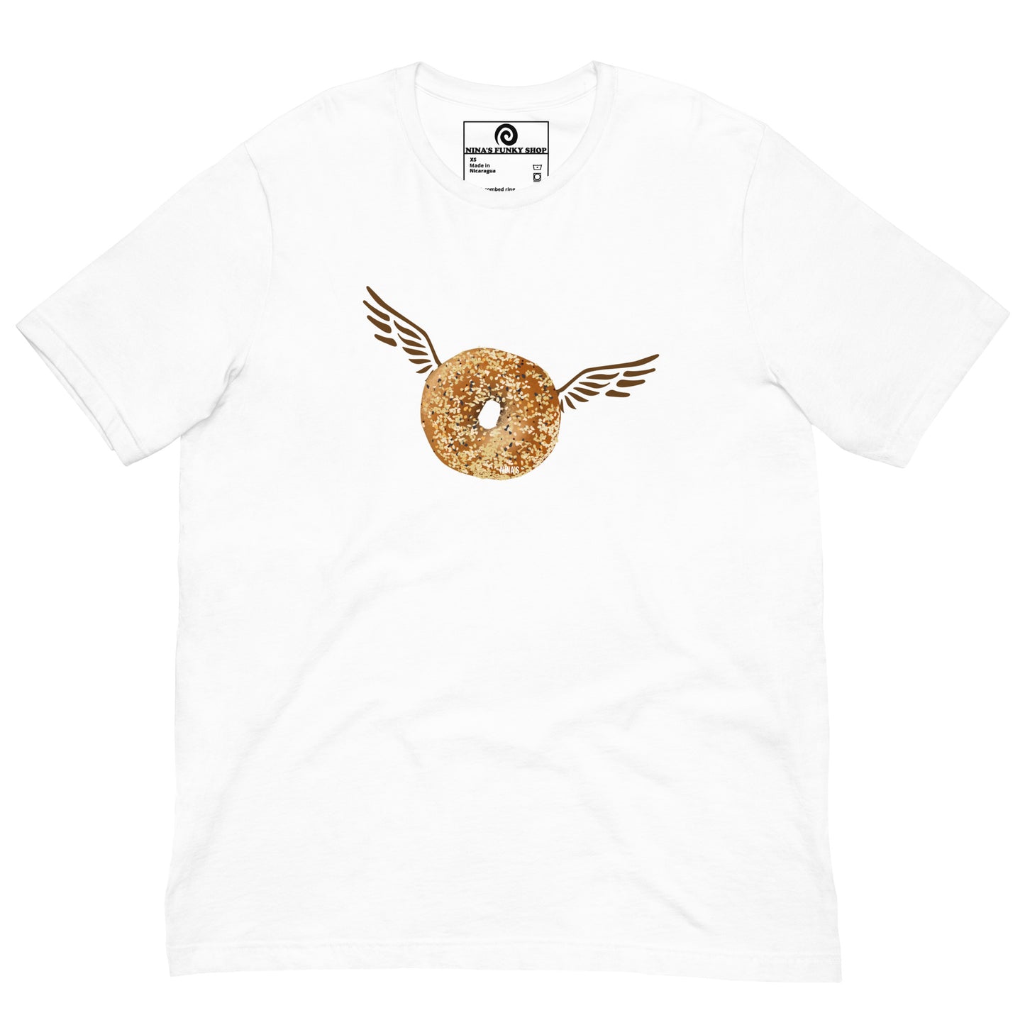 White Angel Bagel T-Shirt - Do you love everything bagels? Looking for a gift for your favorite bagel enthusiast? This Angel Bagel T-shirt is just what you need! It's a soft and comfortable with a funky hand drawn bagel design, expertly printed on the front. Celebrate your favorite foods in our funky foodie clothing, designed by Nina and made just for you.