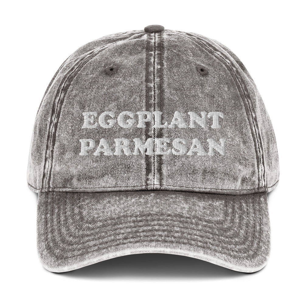 Gray eggplant parmesan dad hat -An eggplant parmesan hat for foodies and Italian food enthusiasts. Celebrate eggplant parm in this funny embroidered dad hat. It's a unique foodie hat that's made just for you. Share your love for eggplant parmesan in this random statement dad hat or give it as a funny gift for foodie or eggplant lovers of all kinds.