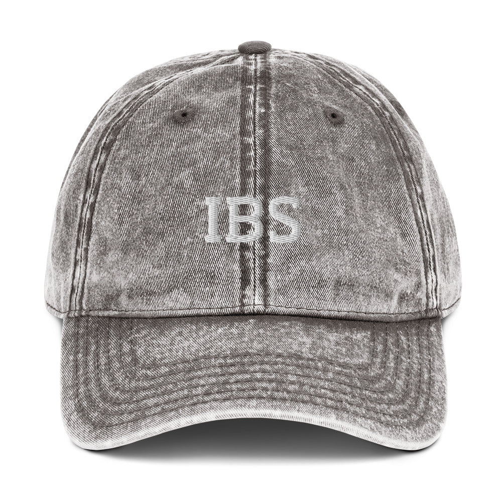 Gray IBS dad hat from Nina's Funky Shop by ninanush - Share your gastrointestinal condition with the world in our IBS hat. Its a funny hat that has a stylish washed out material and "IBS" on the front. It's the perfect dad hat for foodies with IBS or a funny gift for a friend with IBS. Celebrate your favorite food and drinks in our funky foodie apparel, designed by Nina.
