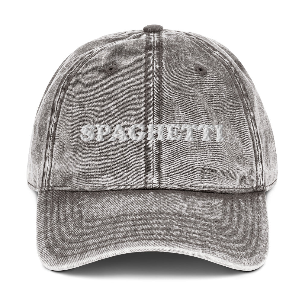 Gray Spaghetti Hat - Love spaghetti? Looking for a funny gift for a pasta enthusiast? This spaghetti hat is just what you need. It's comfortable, has an adjustable closure, and comes in a variety of colors with "spaghetti", expertly embroidered on the front. Eat your favorite pasta in this funny foodie dad hat. Perfect for spaghetti lovers and beyond. Celebrate your favorite foods in our funky foodie clothing and accessories.